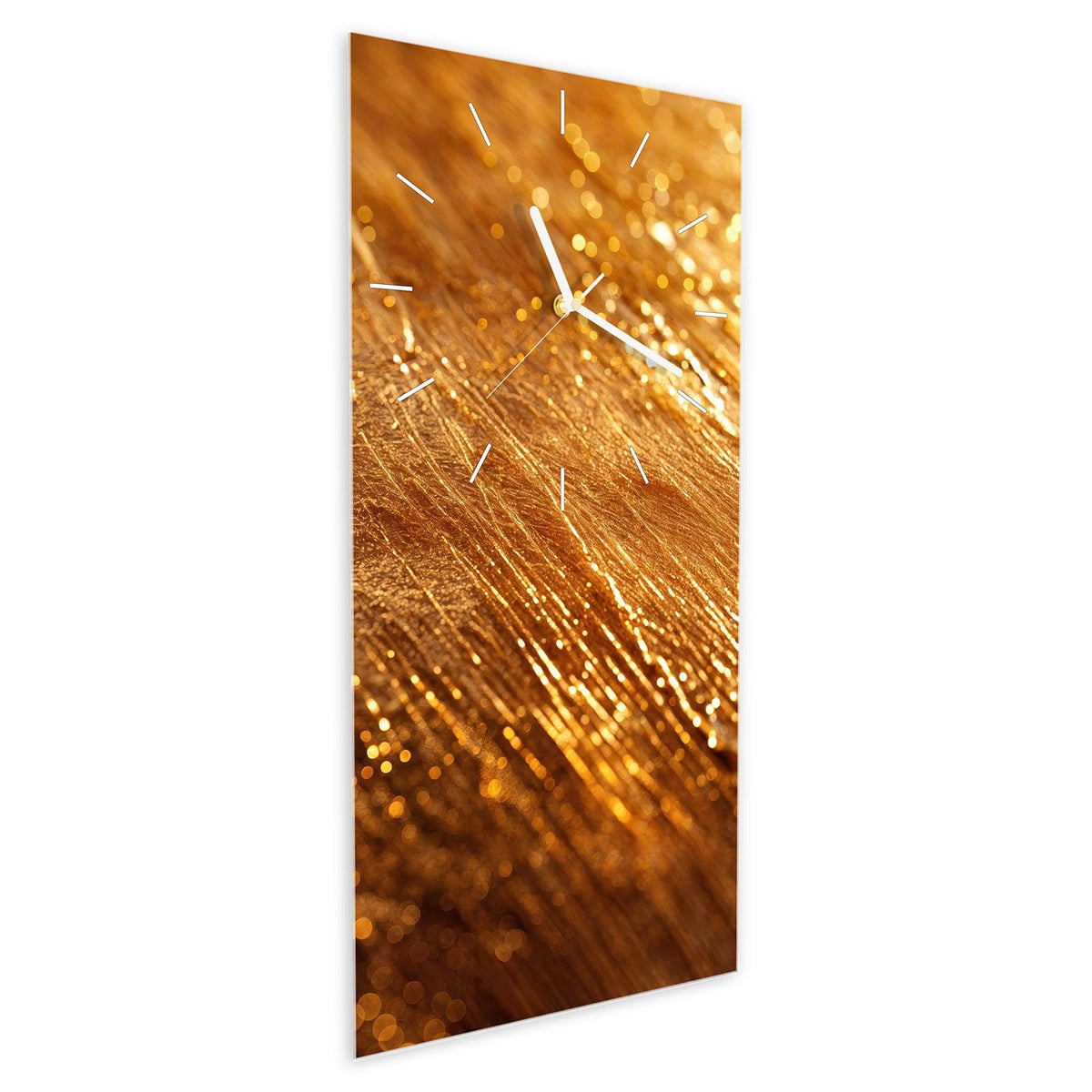 Wanduhr aus Glas im Hochformat Schimmerndes Gold schräg von der Seite, 4 mm starkes Glas