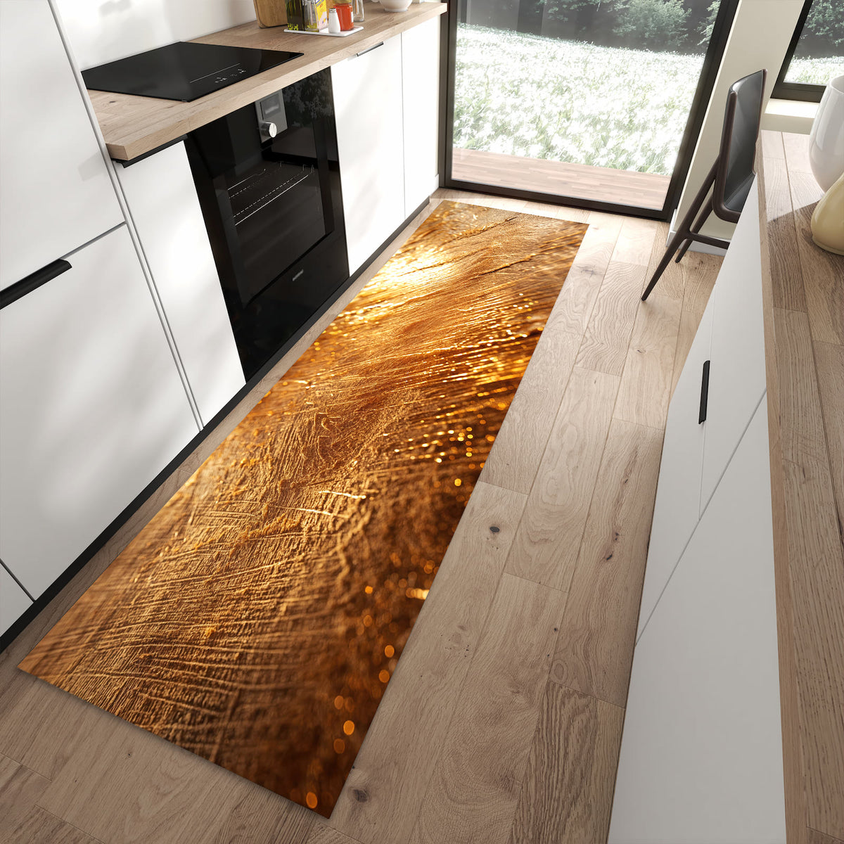 Geräuschdämpfender dünner Teppich mit Motiv Goldene Textur in moderner Küche