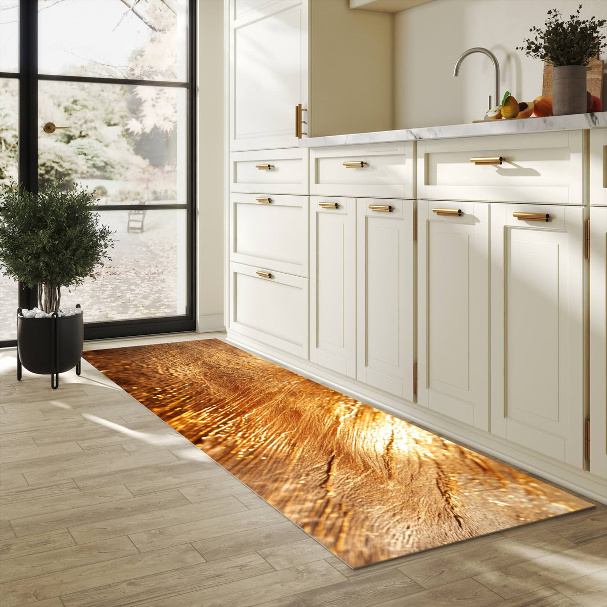 Bodenschonender Küchenteppich mit Motiv Goldene Textur in heller Küche