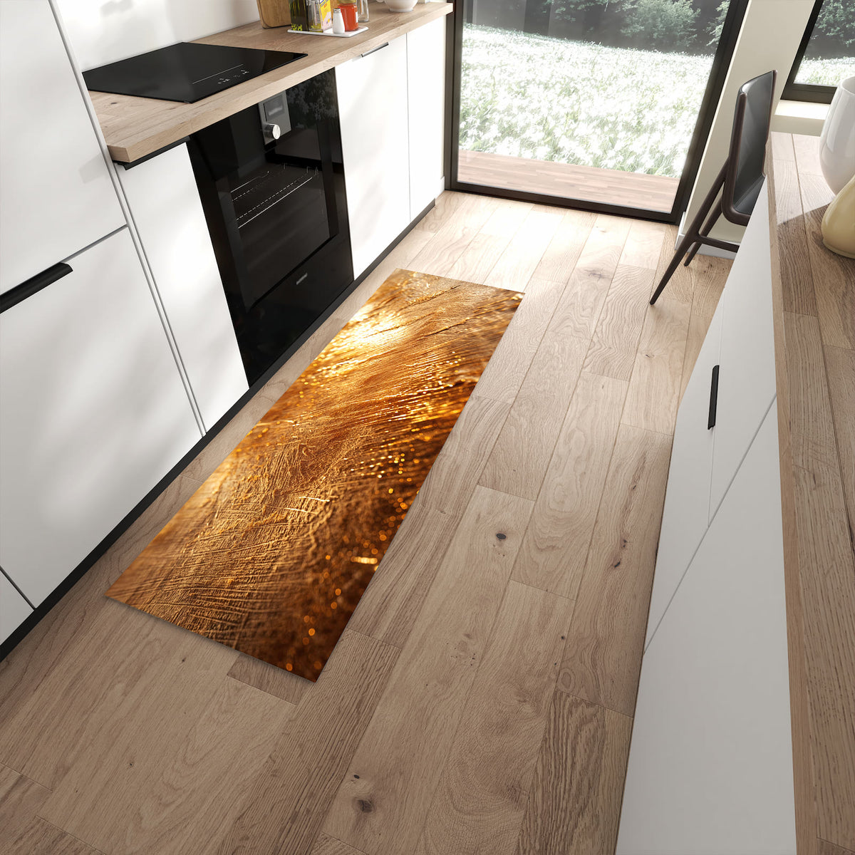 Bodenschonender Küchenteppich mit Motiv Goldene Textur in moderner Küche