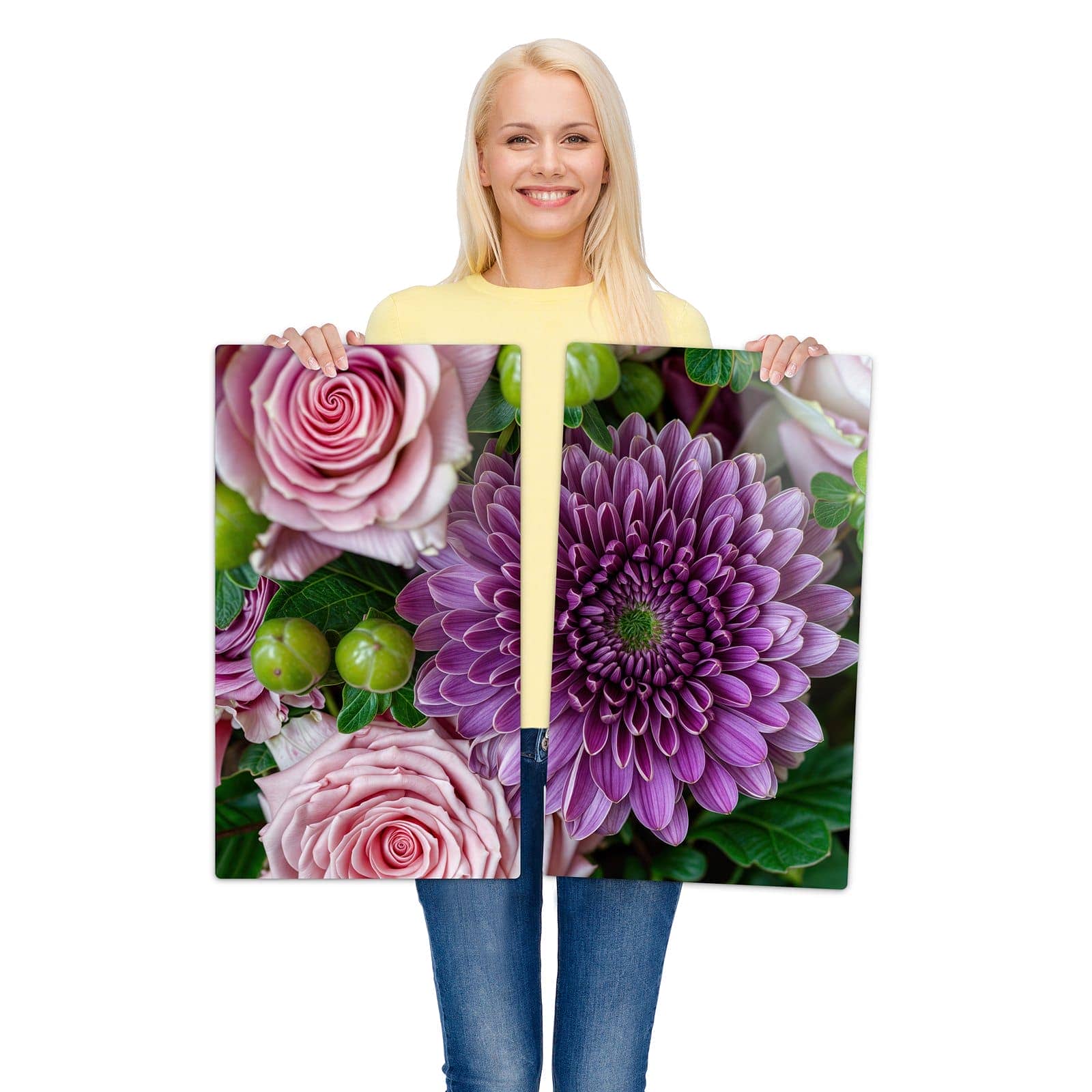 2-teilige Herdabdeckplatten für Ceranfeld mit Sanfte Blumenarrangement-Motiv wird zur Größendarstellung gehalten