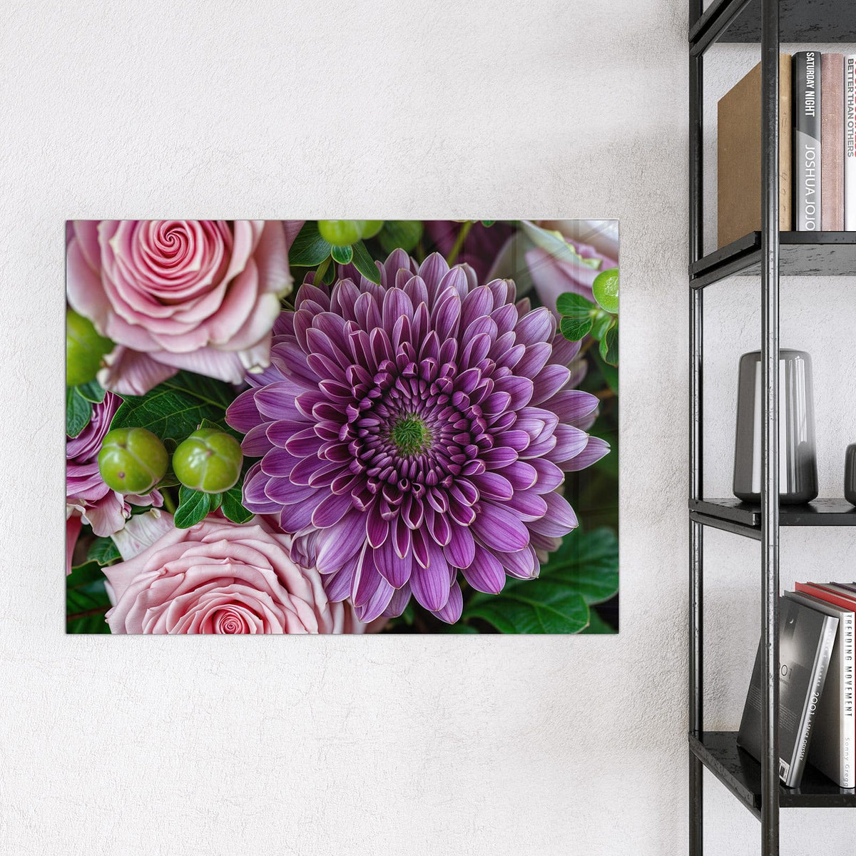 Glas Magnettafel - Rosen und Chrysantheme – Rosa Rosen mit purpurner Chrysantheme