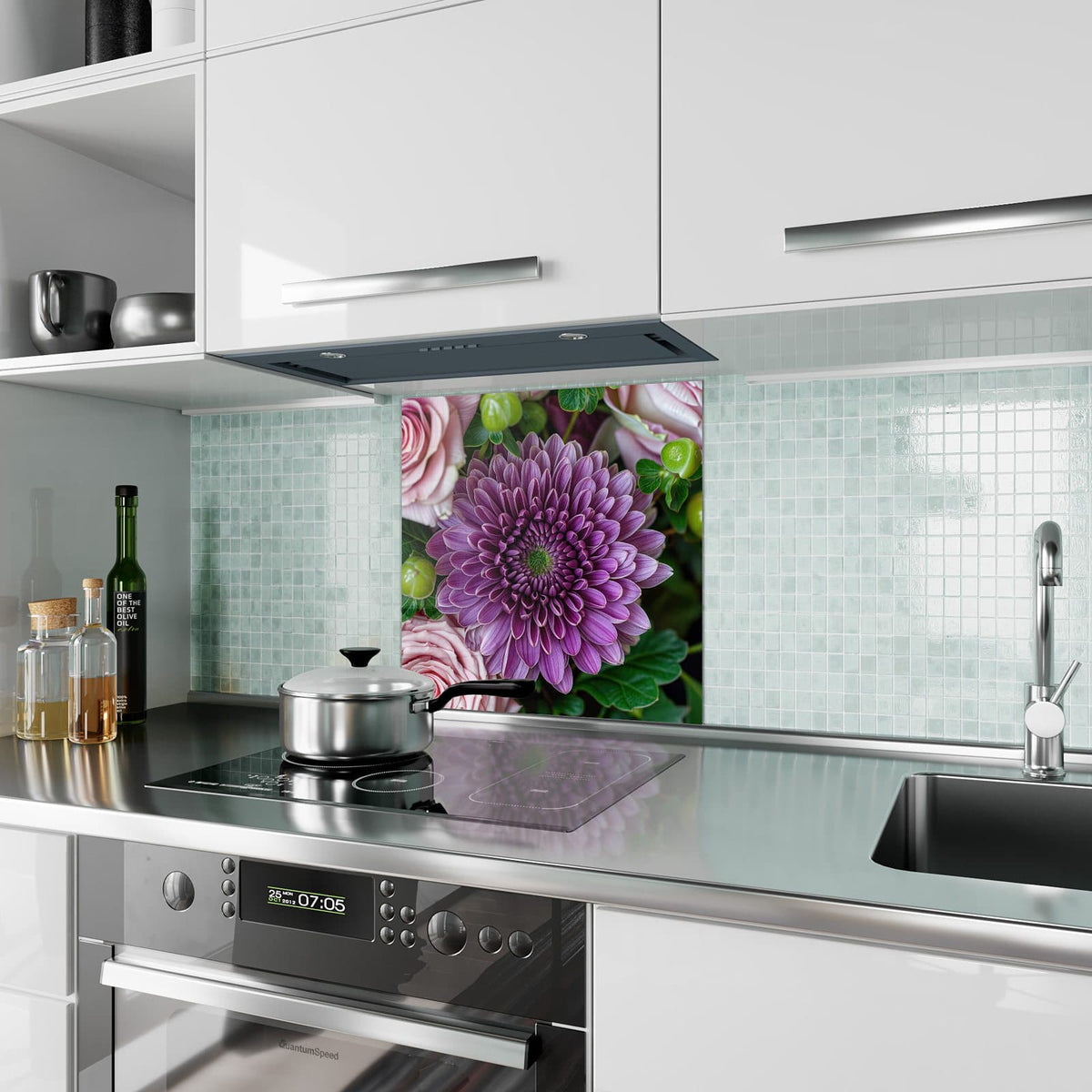 Küchenrückwand Rosen und Chrysantheme aus Glas – Rosa Rosen mit purpurner Chrysantheme