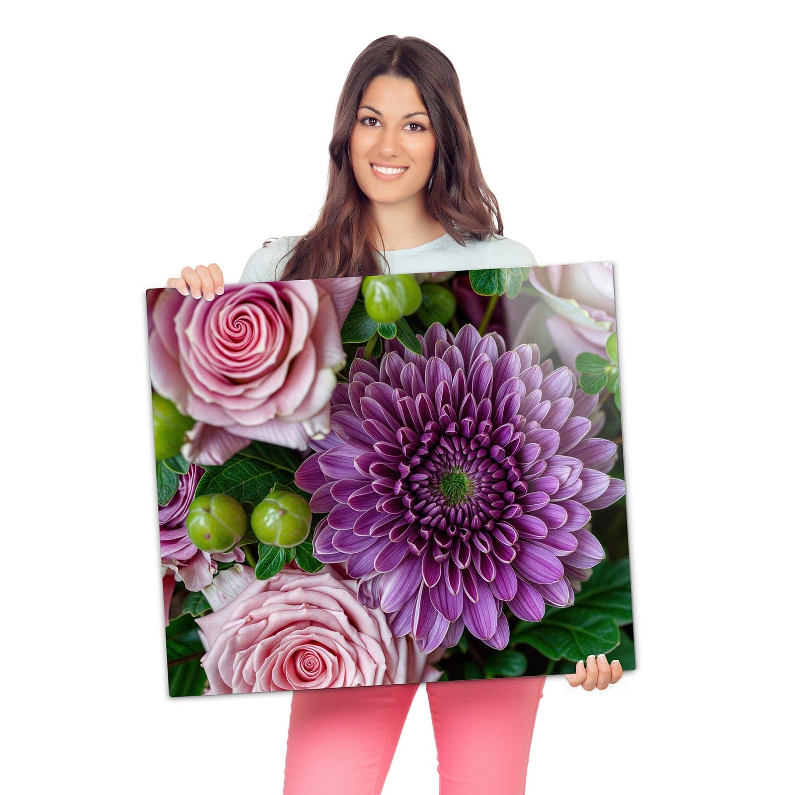 Herdabdeckplatte mit Sanfte Blumenarrangement-Motiv wird zur Größendarstellung gehalten