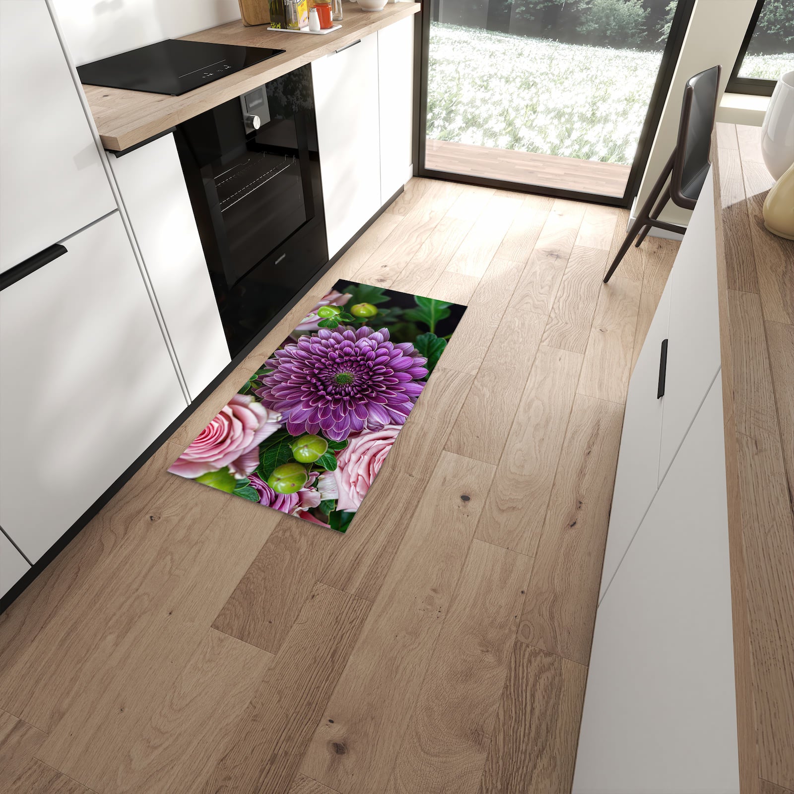 Schmutzabweisender Küchenläufer mit Motiv Sanfte Blumenarrangement in moderner Küche #grösse_60 x 120 cm