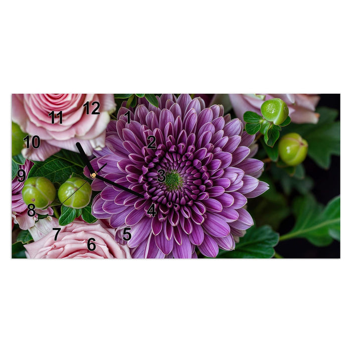 Wanduhr Sanfte Blumenarrangement aus Glas – Querformat 60 × 30 cm mit Ziffernblatt Modern