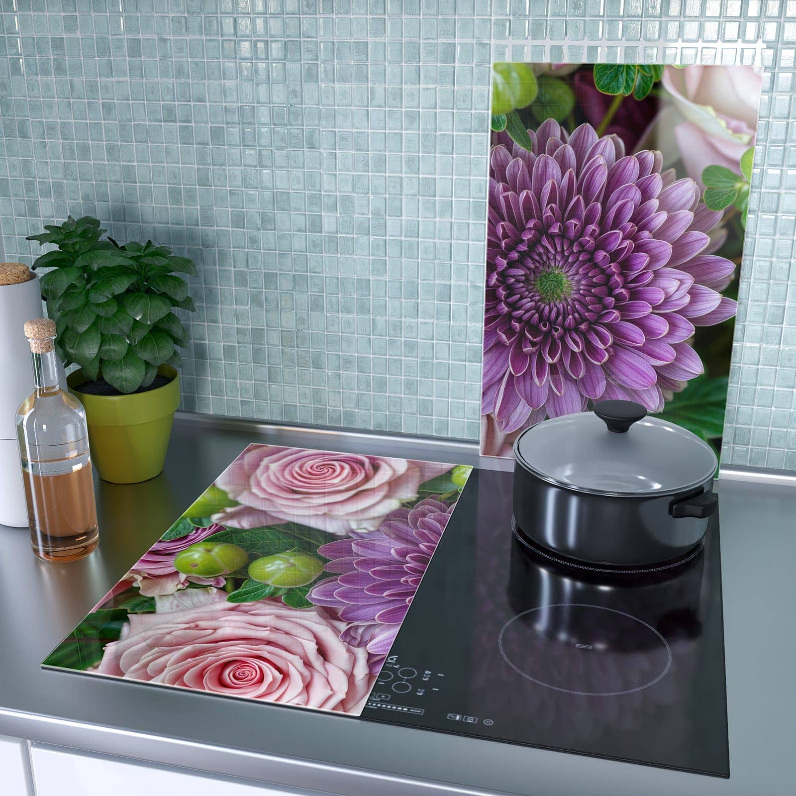 2-teilige Ceranfeld Abdeckungen mit Sanfte Blumenarrangement-Motiv als Spritzschutz hinter dem Kochfeld