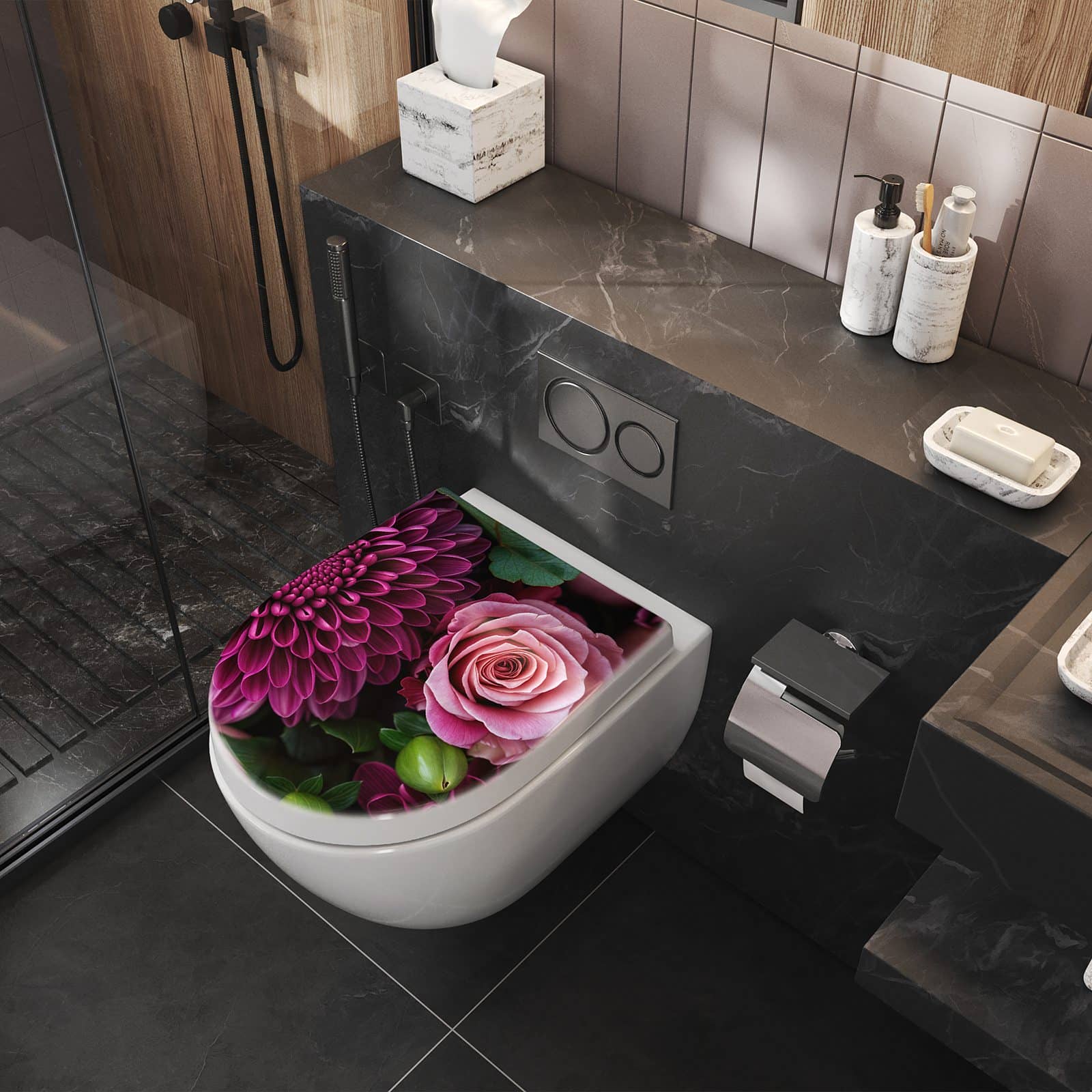 WC-Sitz mit Absenkautomatik Stille Blumenarrangement