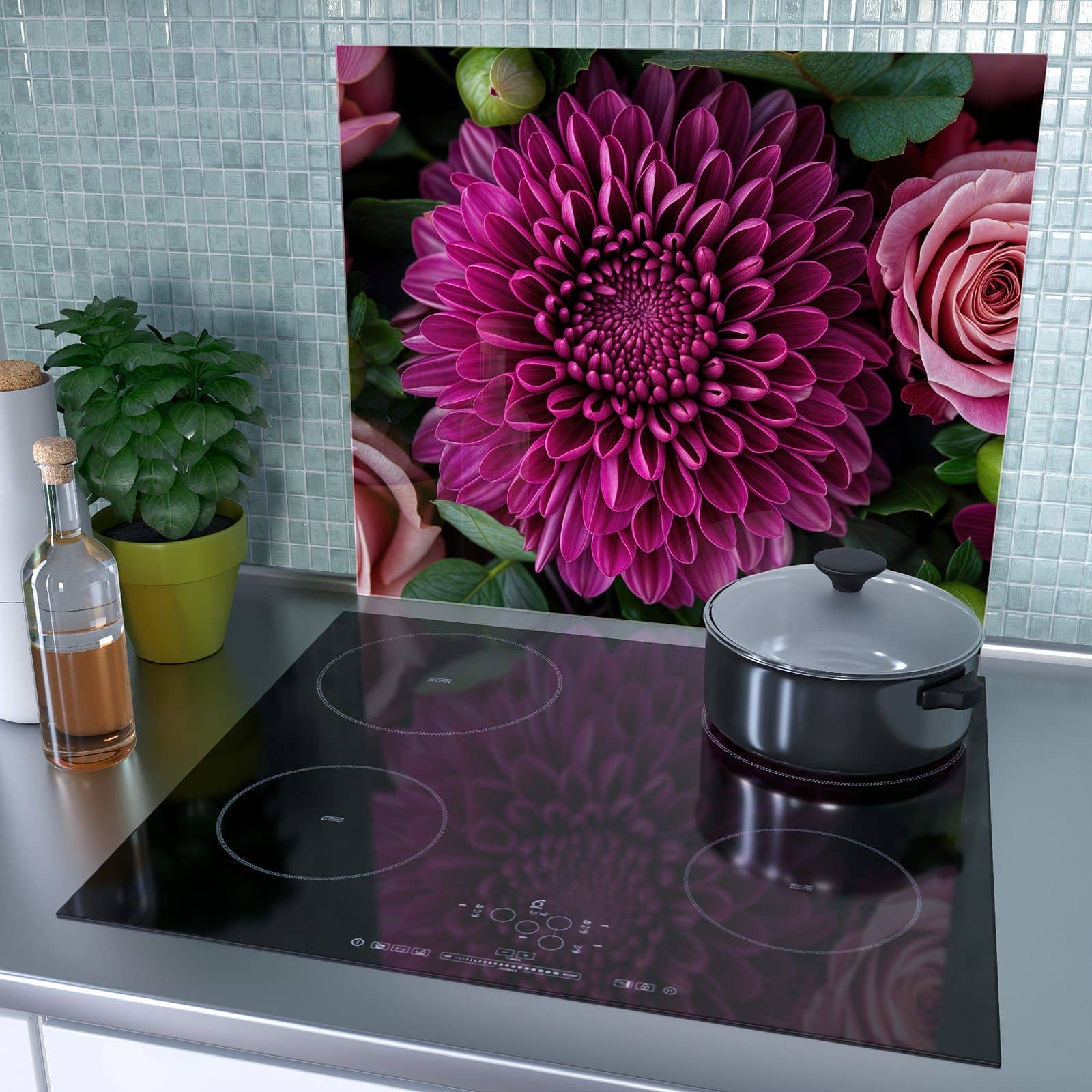 1-teilige Glasabdeckplatte für Ceranfeld mit Stille Blumenarrangement-Motiv als Spritzschutz hinter dem Kochfeld