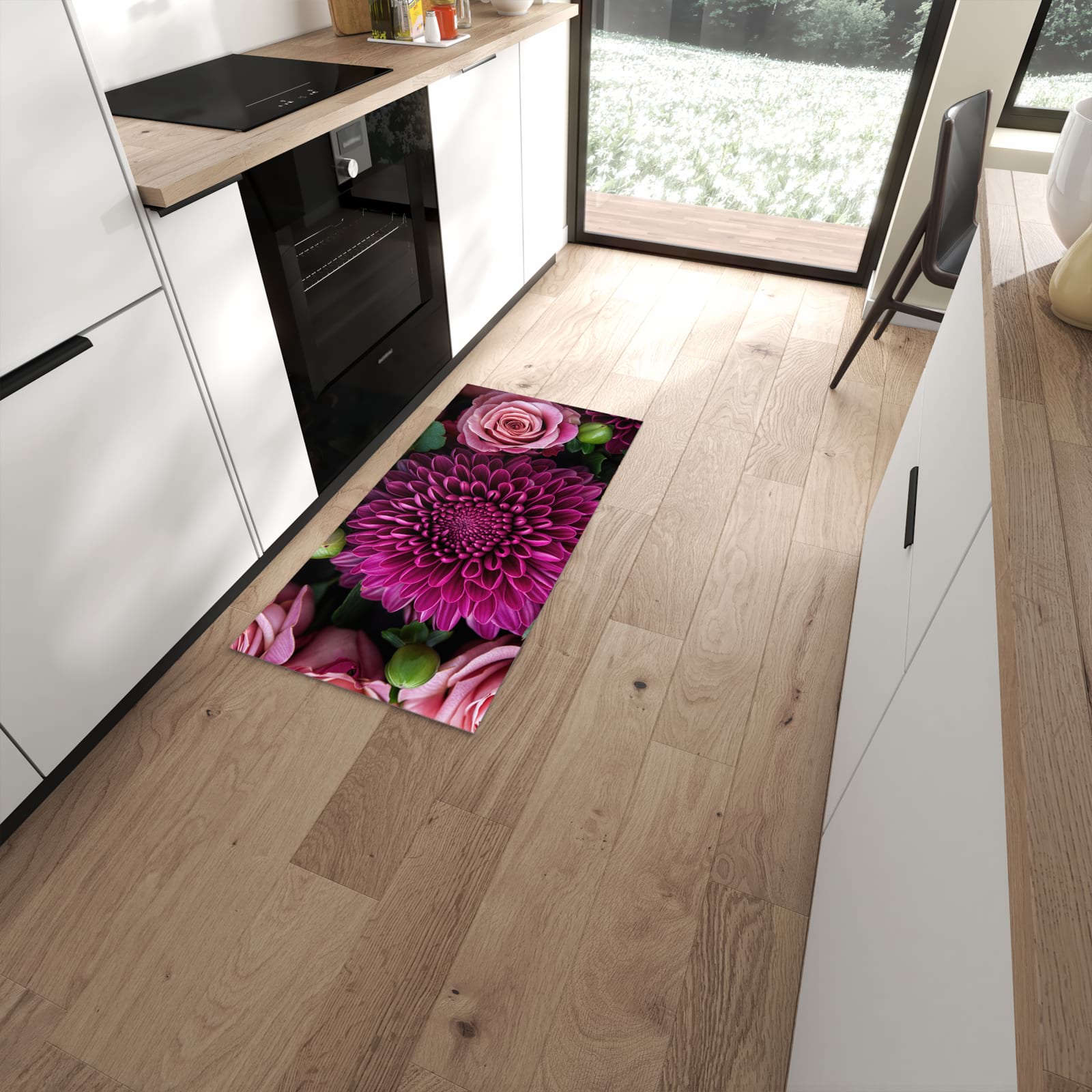 Bodenschonender Küchenläufer mit Motiv Stille Blumenarrangement in moderner Küche #grösse_60 x 120 cm