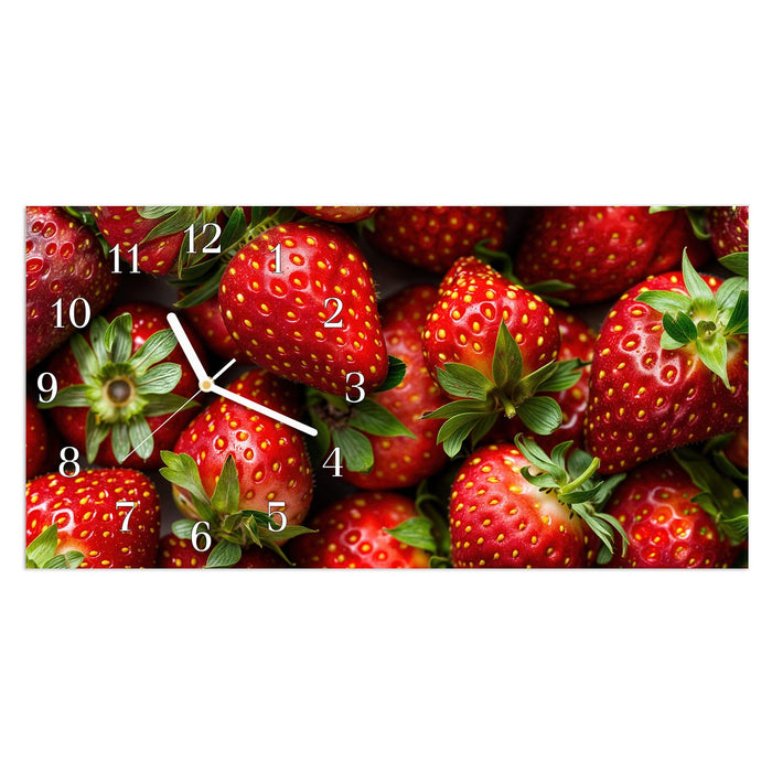 Wanduhr Frische Erdbeeren aus Glas – Querformat 60 × 30 cm mit Ziffernblatt Klassisch