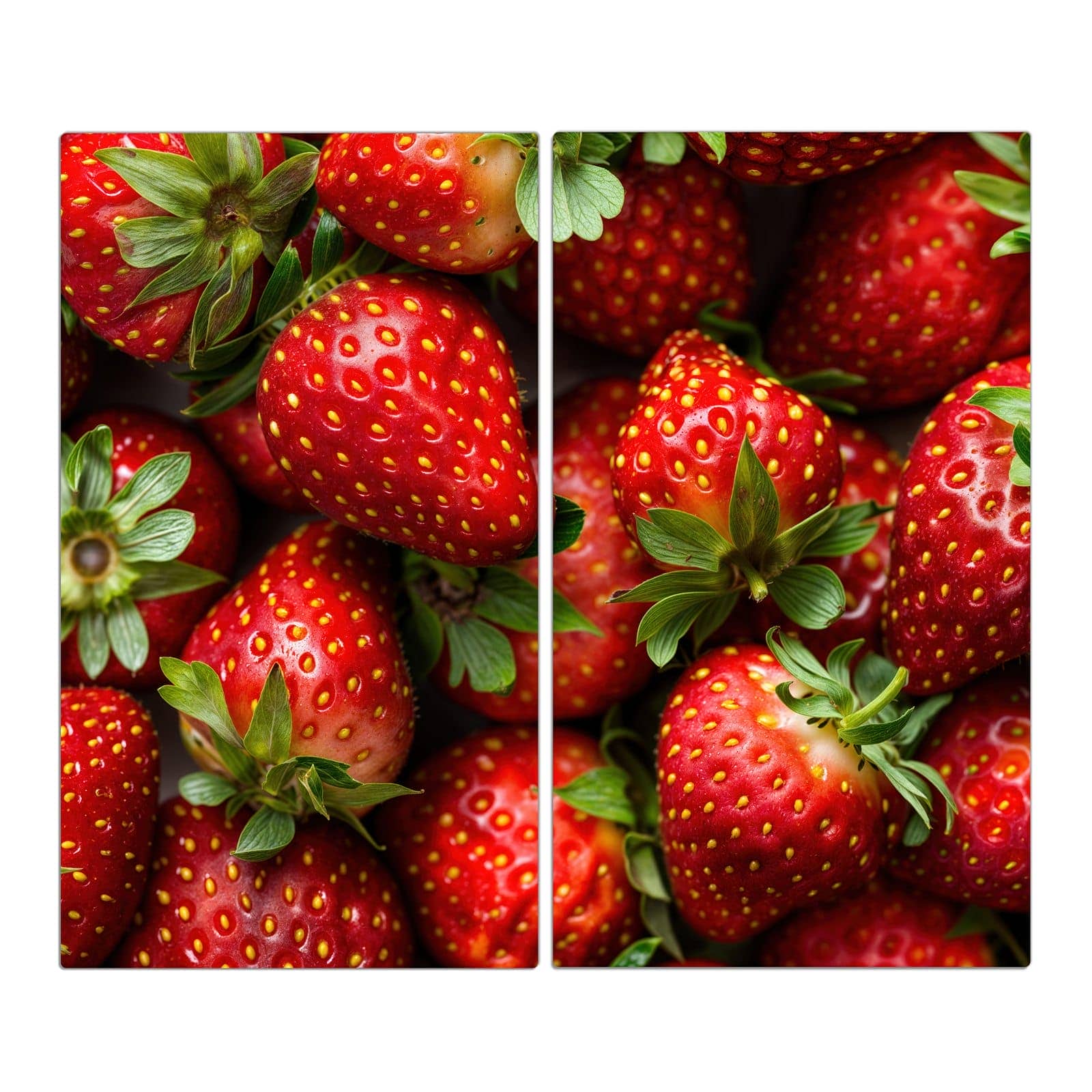2-teilige Herdabdeckung aus Holz mit Frische Erdbeeren-Motiv in der Frontansicht #grösse_2-Teilig (60x52cm)