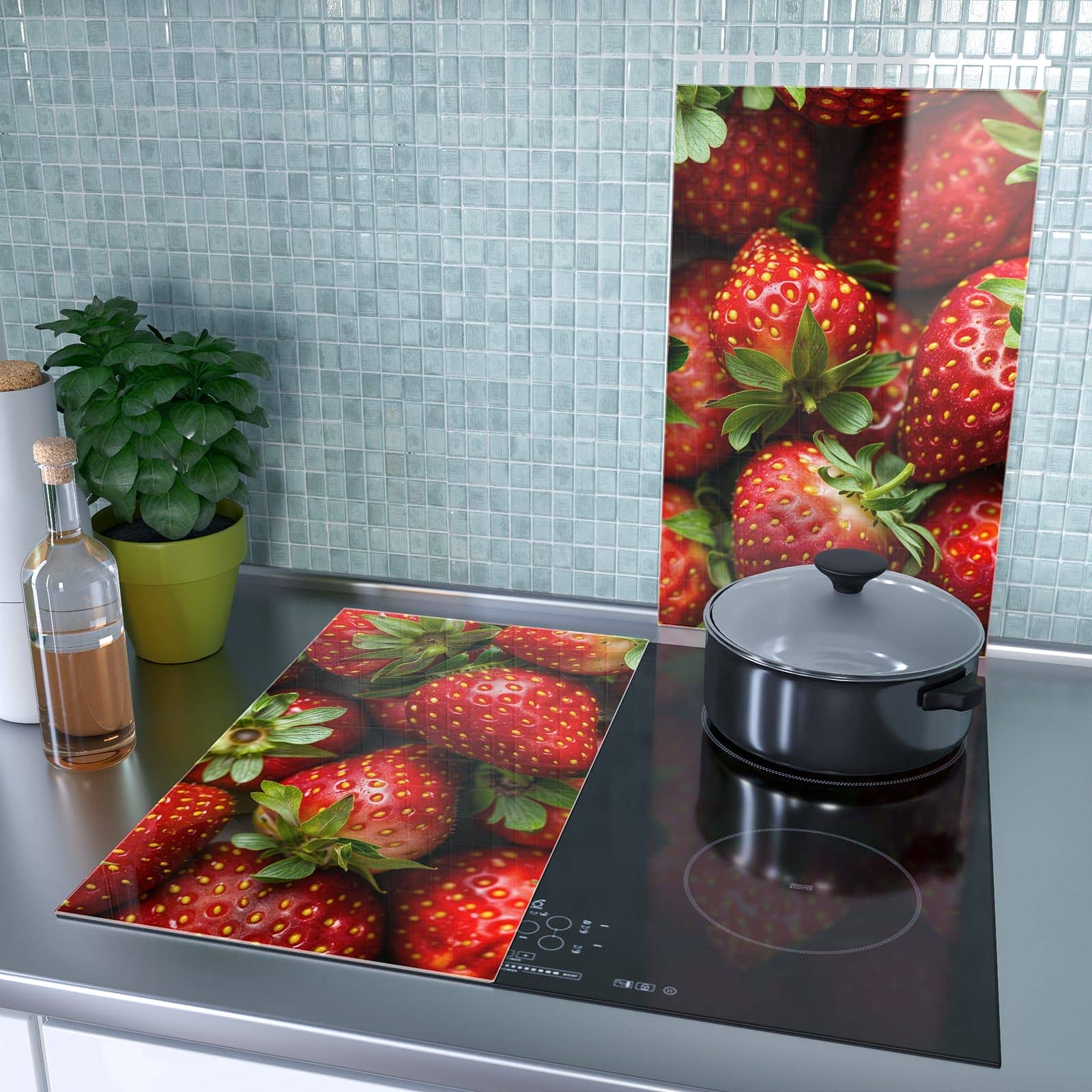 2-teilige Kochfeldabdeckung mit Frische Erdbeeren-Motiv als Spritzschutz hinter dem Kochfeld