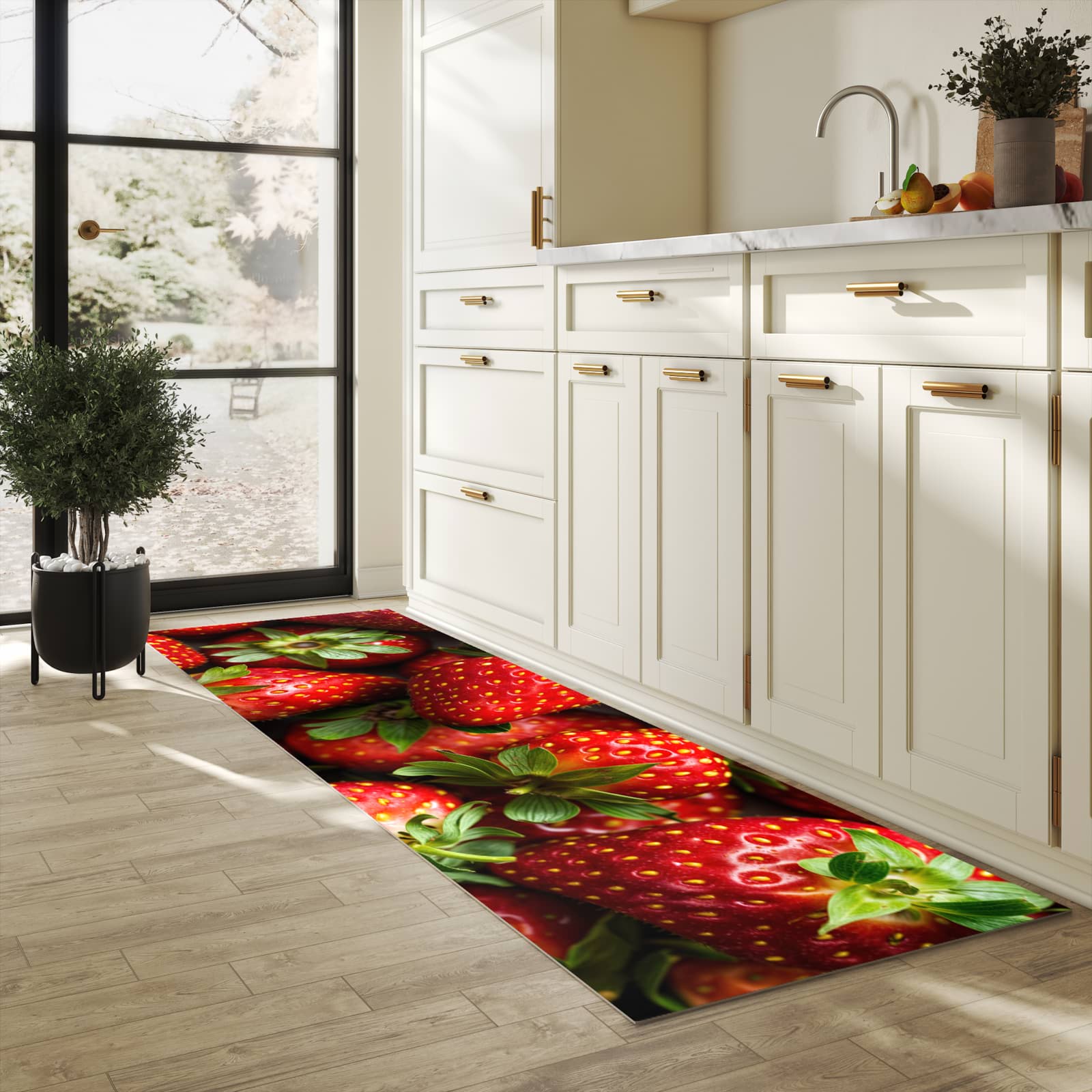 Pflegeleichter dünner Teppich mit Motiv Frische Erdbeeren in heller Küche