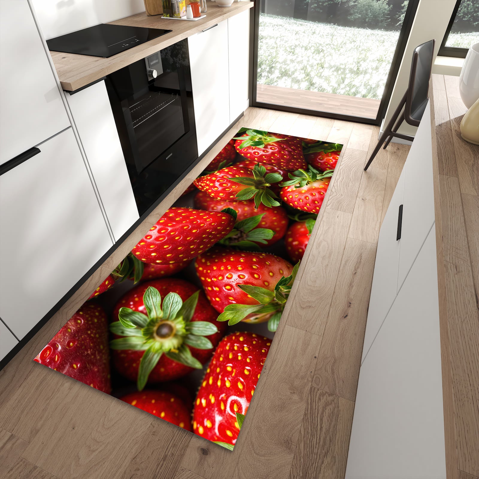 Feuchtigkeitsresistenter Küchenläufer mit Motiv Frische Erdbeeren in moderner Küche