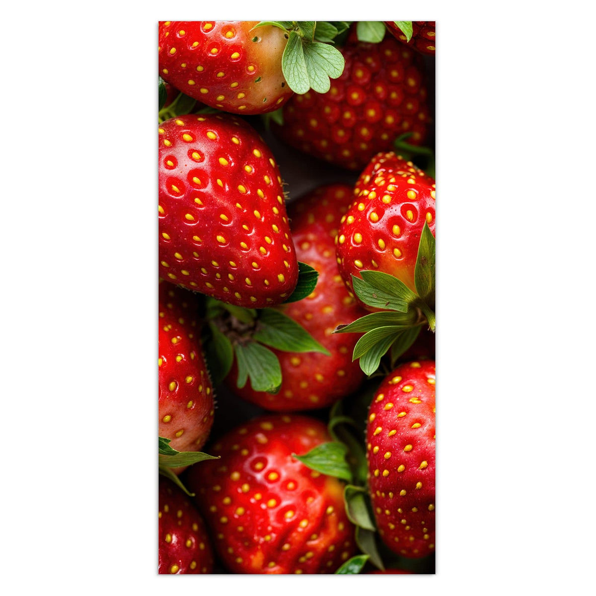 Wandbild aus Glas mit Motiv Frische Erdbeeren: Bildfüllend dicht liegende rote Erdbeeren mit grünen Kelchblättern von oben #grösse_30 x 60 cm #grösse_40 x 80 cm #grösse_50 x 100 cm #grösse_55 x 110 cm #grösse_60 x 120 cm