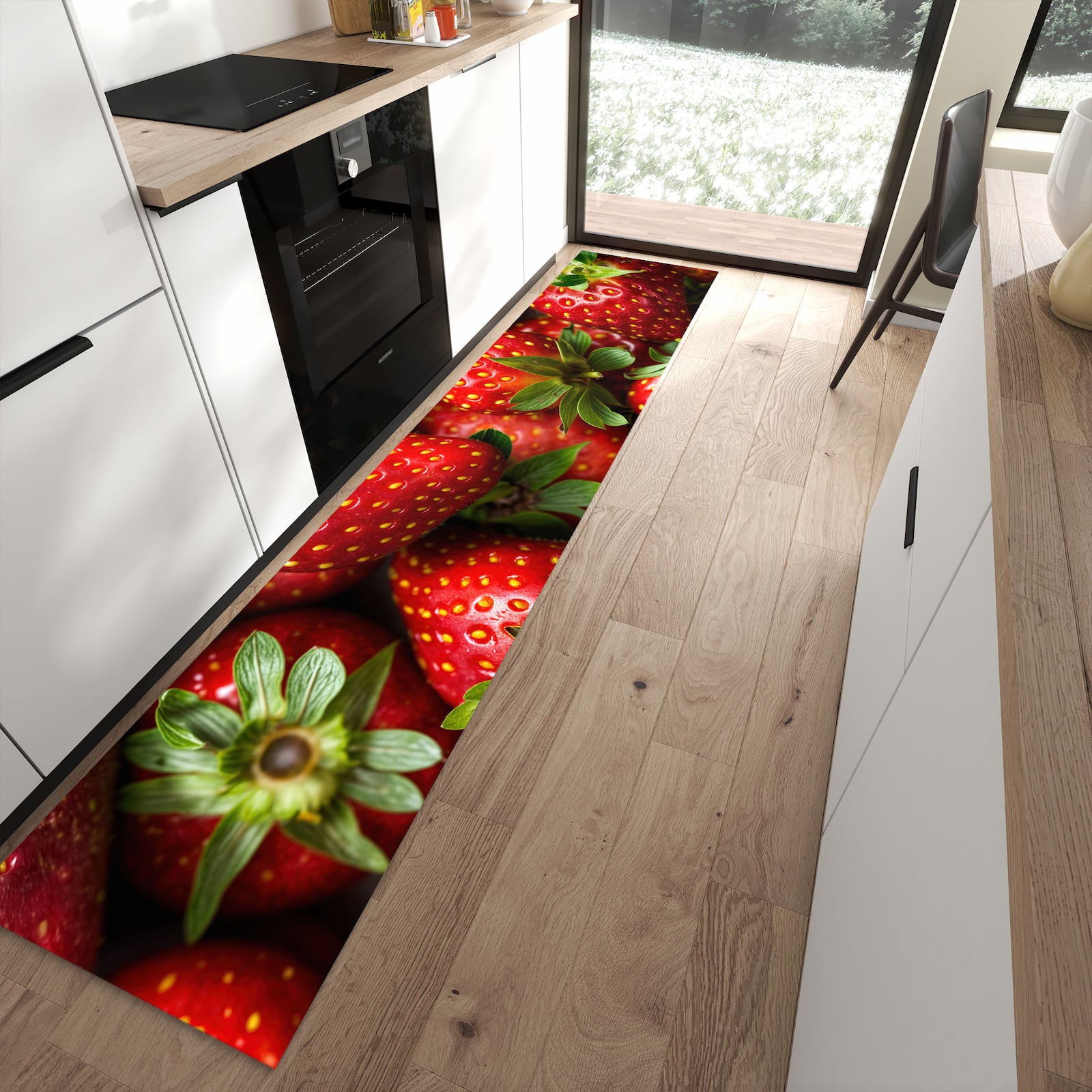 Rutschfester Küchenteppich mit Motiv Frische Erdbeeren in moderner Küche - leicht zu reinigen