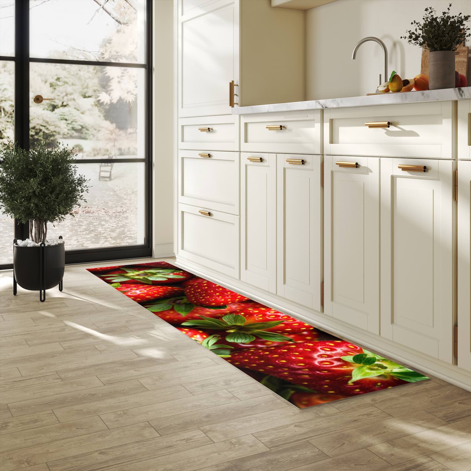 Fleckenresistenter waschbarer Läufer mit Motiv Frische Erdbeeren in heller Küche