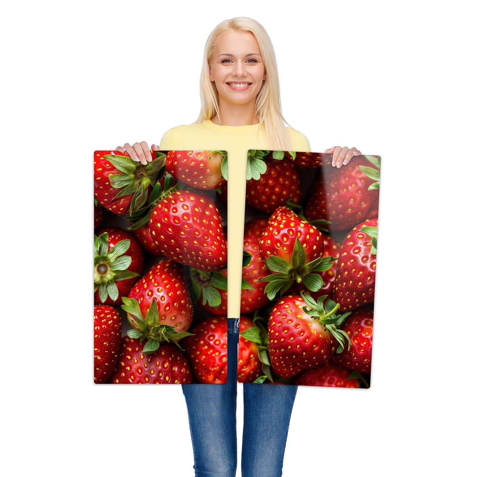 2-teilige Herdabdeckung aus Glas mit Frische Erdbeeren-Motiv wird zur Größendarstellung gehalten