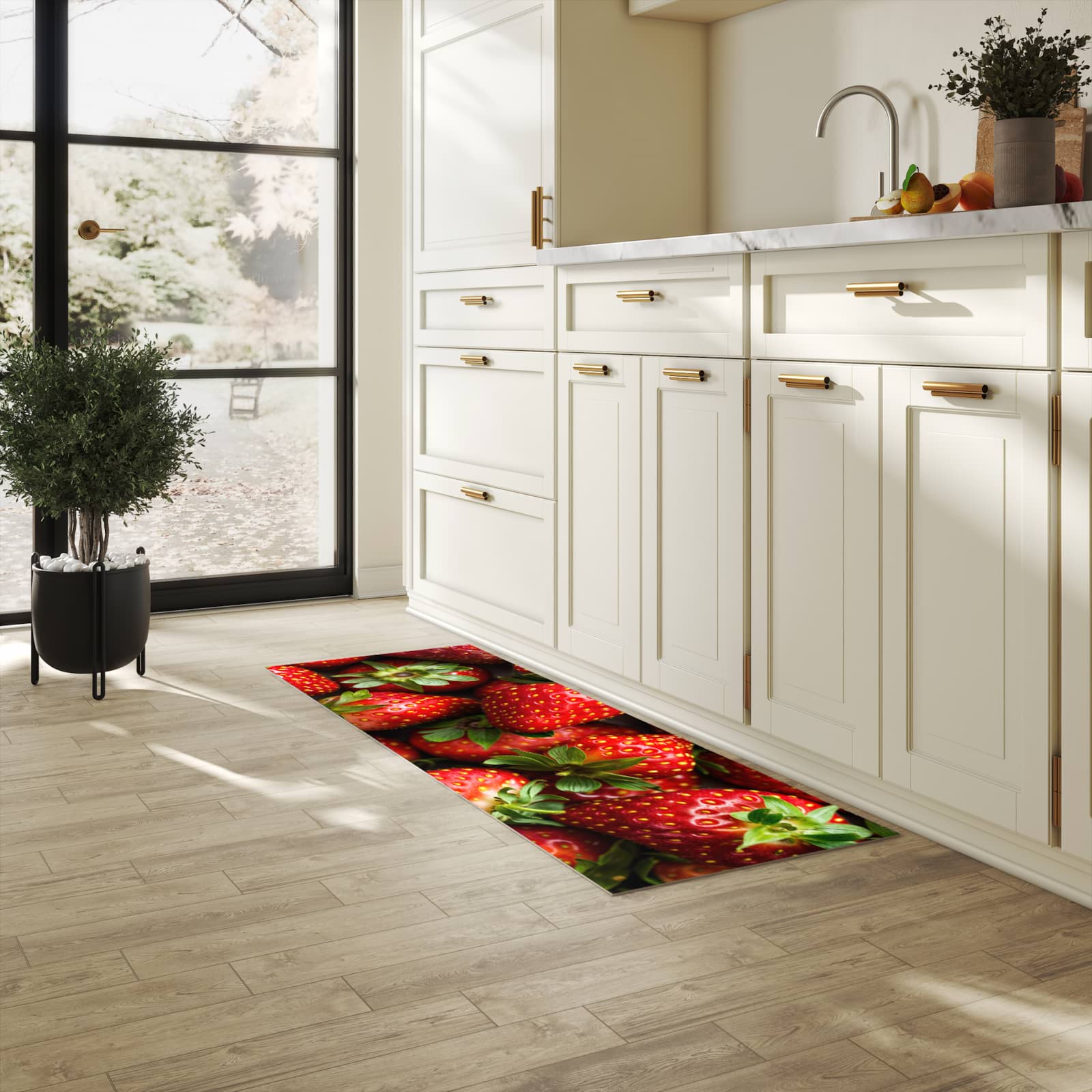 Komfortabler Küchenläufer mit Motiv Frische Erdbeeren in heller Küche für angenehmes Stehen