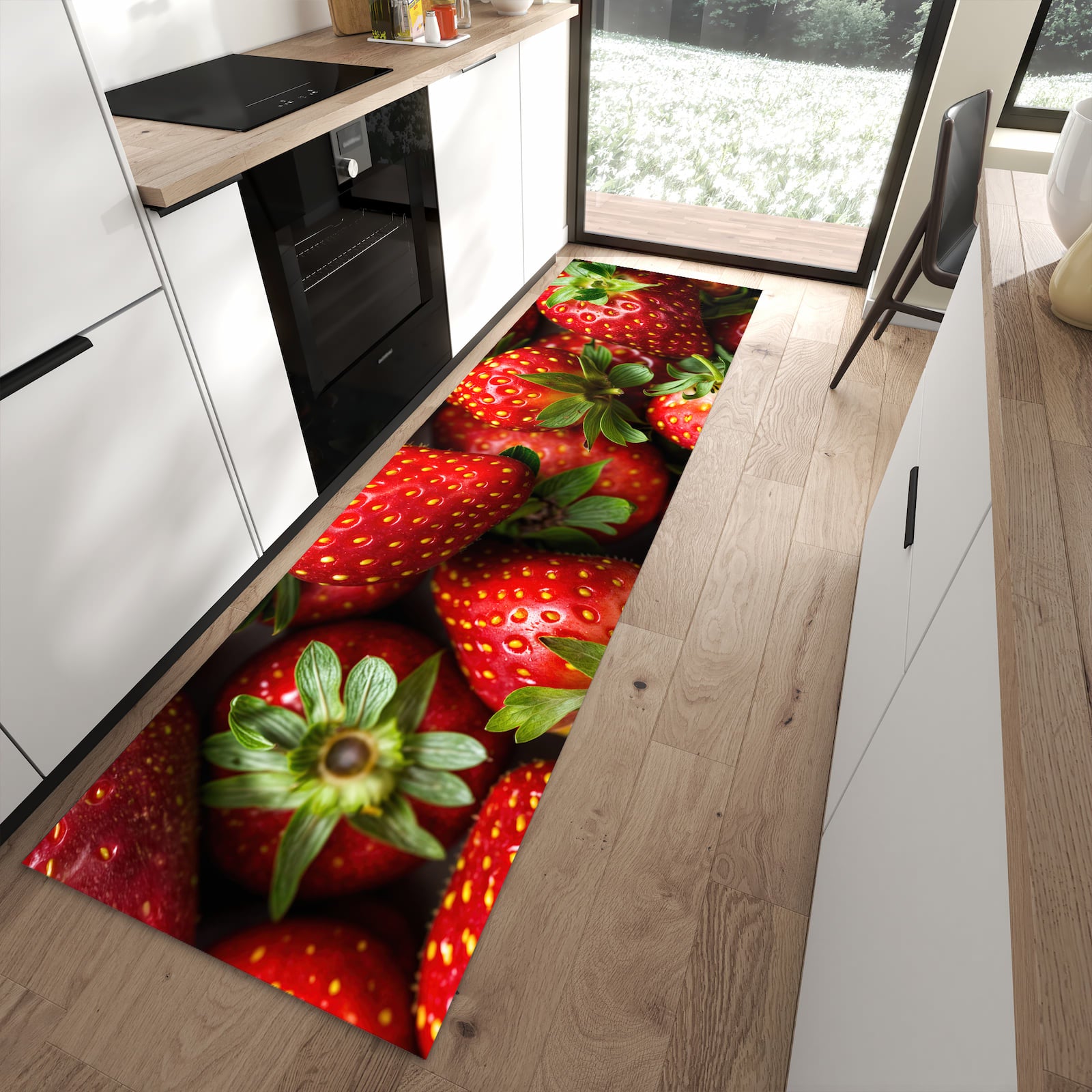 Waschbarer großer Küchenteppich mit Motiv Frische Erdbeeren in moderner Küche