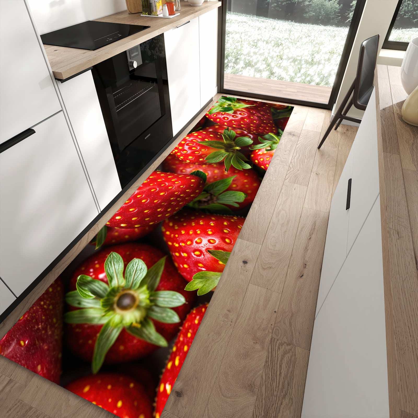 Langlebiger rutschfester Küchenteppich mit Motiv Frische Erdbeeren in moderner Küche