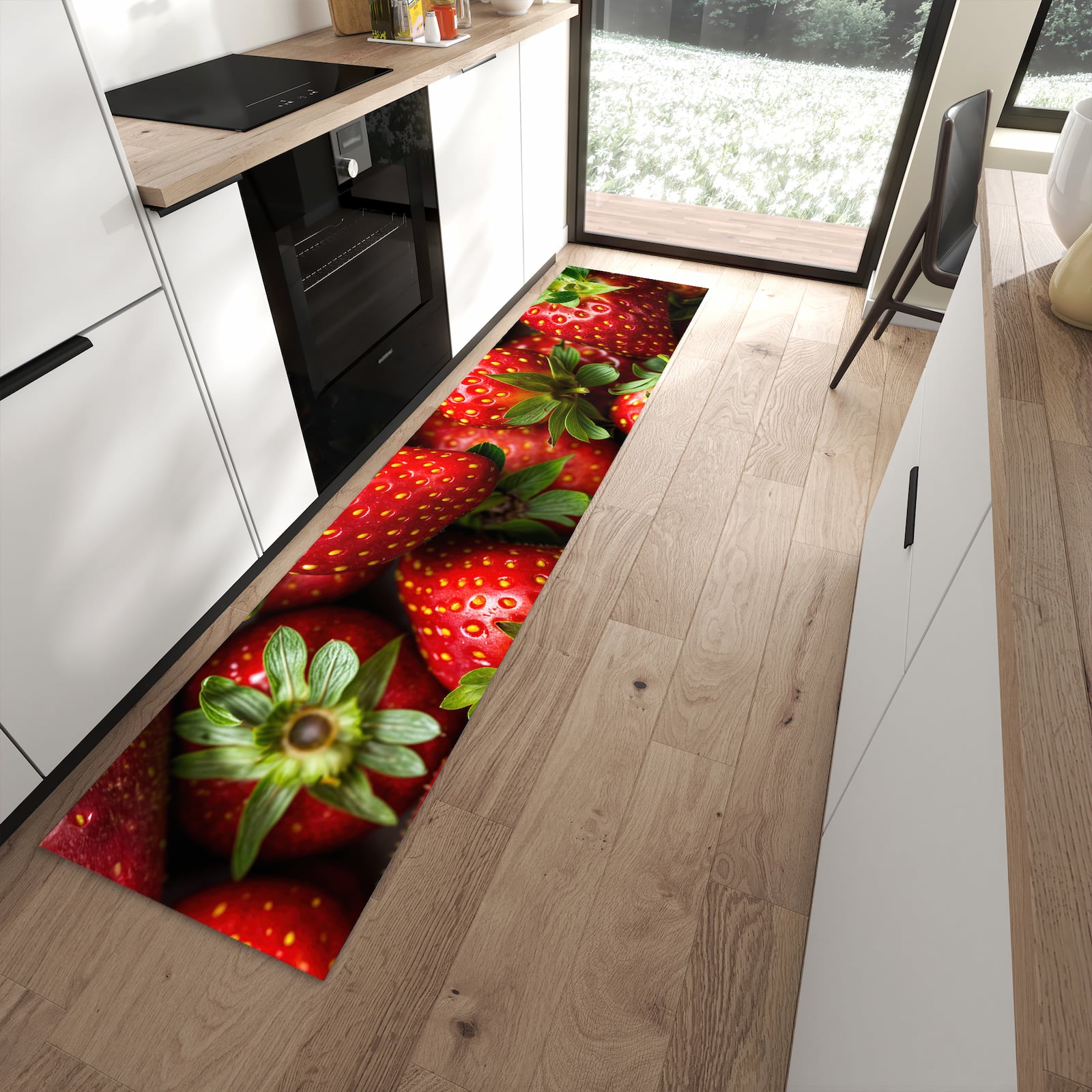 Rutschfester Küchenläufer mit Motiv Frische Erdbeeren in moderner Küche