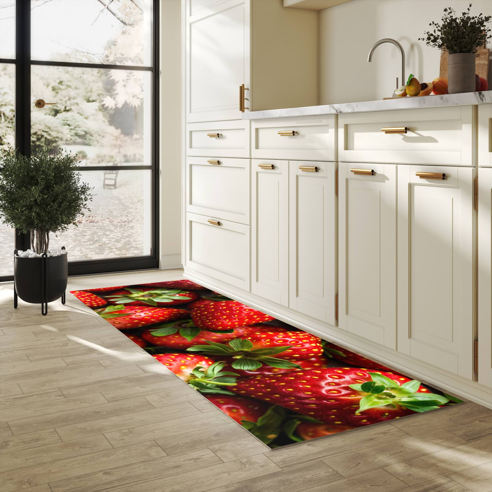 Flacher Läufer mit Motiv Frische Erdbeeren für rutschfesten Halt in heller Küche