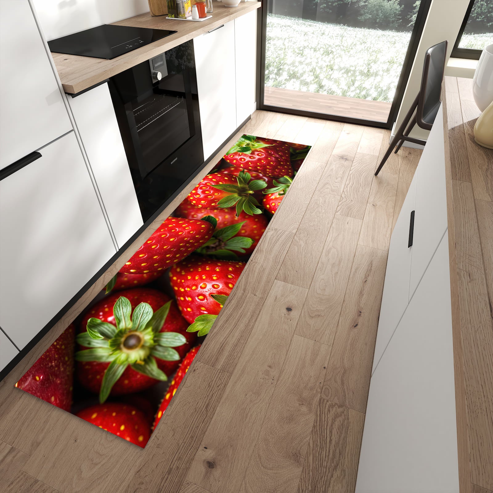 Komfortabler waschbarer Küchenteppich mit Motiv Frische Erdbeeren in moderner Küche