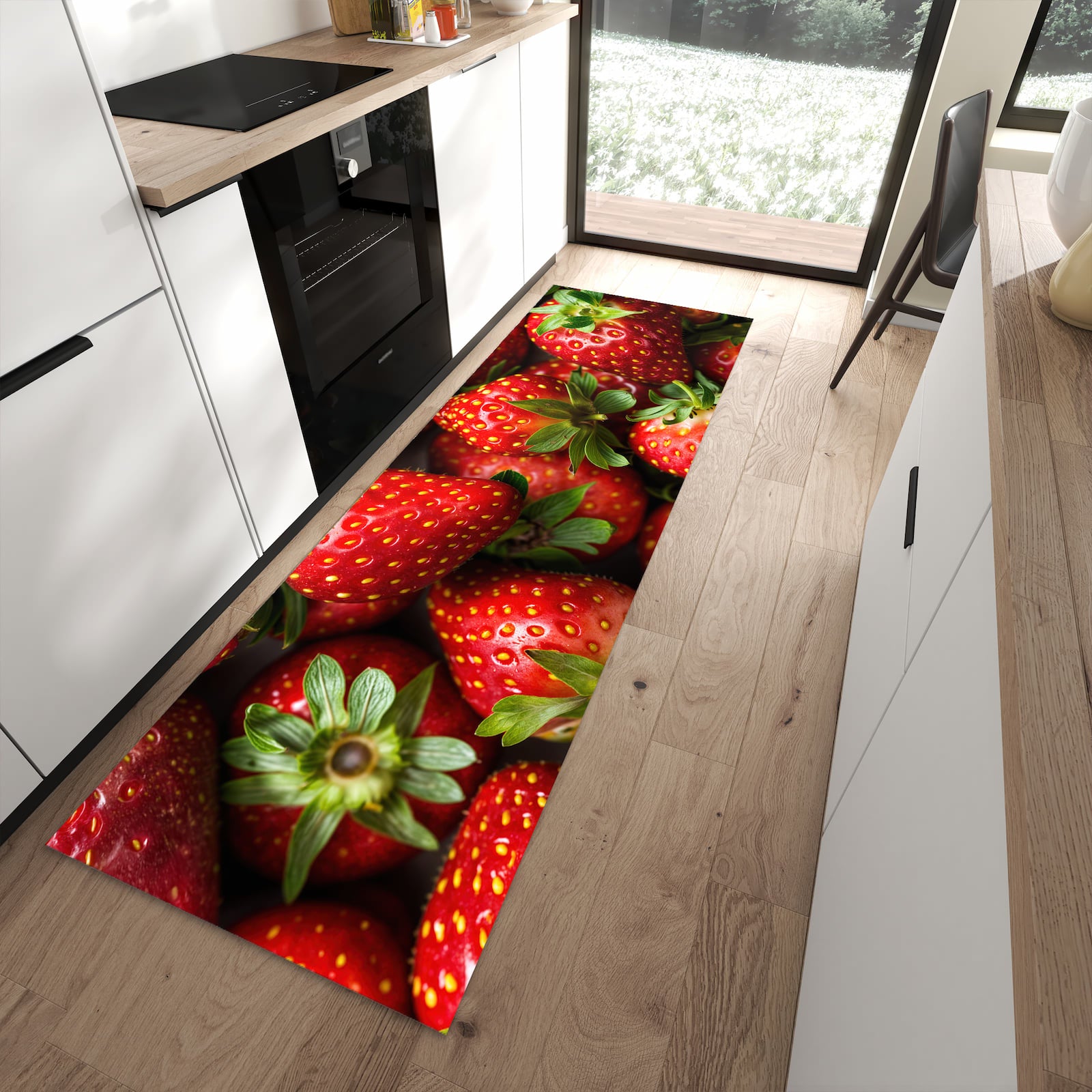Strapazierfähiger waschbarer Küchenteppich mit Motiv Frische Erdbeeren in moderner Küche