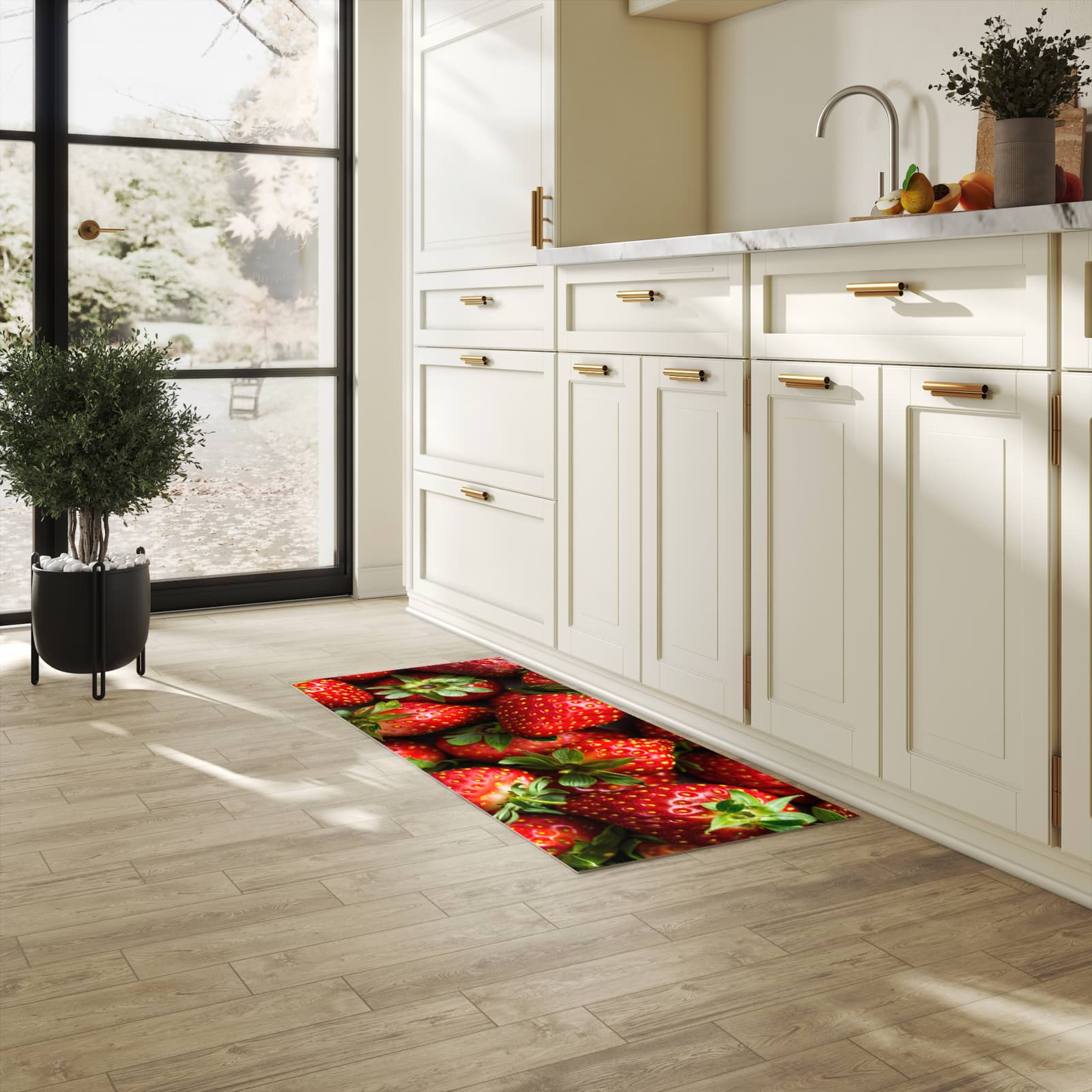 UV-beständiger Küchenläufer mit Motiv Frische Erdbeeren in heller Küche