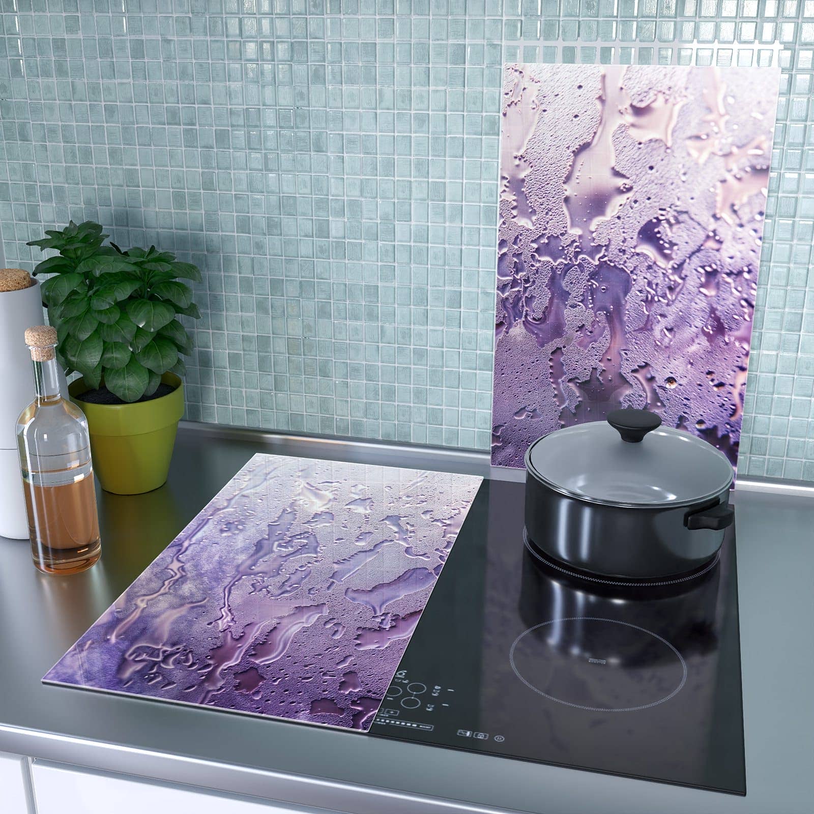2-teilige Herdabdeckplatten mit Rauchige Tropfen-Motiv als Spritzschutz hinter dem Kochfeld