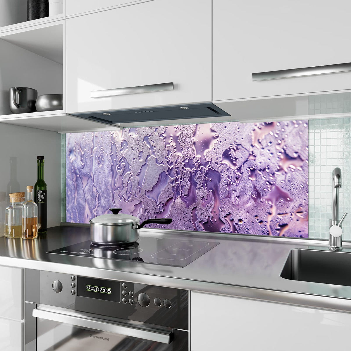 Küchenrückwand Kondenstropfen in Lila aus Glas – Beschlagene Fläche in Lila
