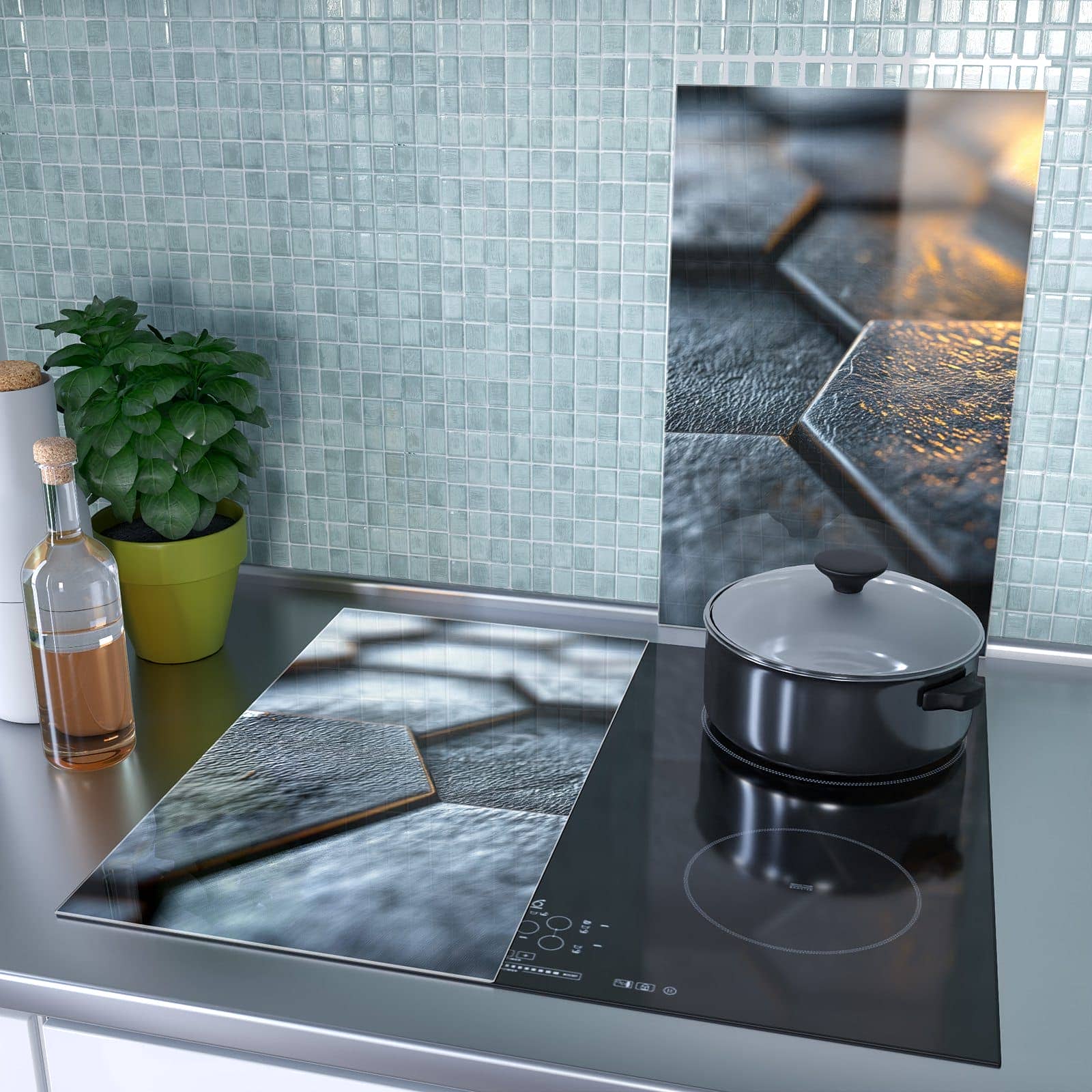 2-teilige Herd Schutzplatte mit Hexagon Fliesenstruktur-Motiv als Spritzschutz hinter dem Kochfeld