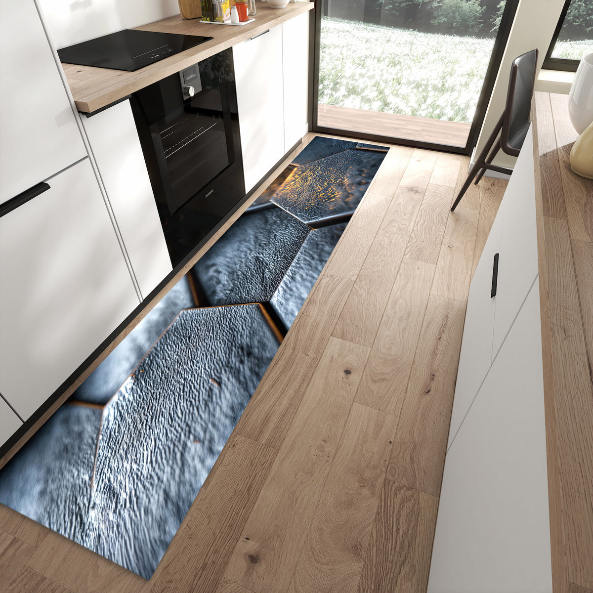 Hygienischer Küchenteppich mit Motiv Hexagon Fliesenstrukur in moderner Küche