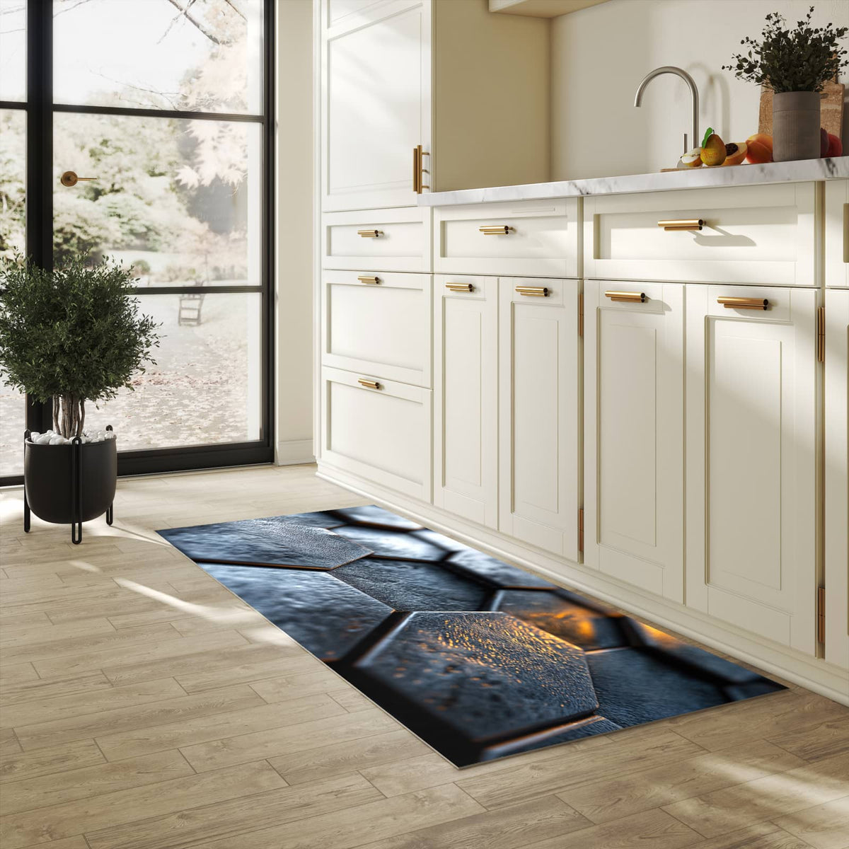 Pflegeleichter moderner Küchenläufer mit Motiv Hexagon Fliesenstrukur in heller Küche