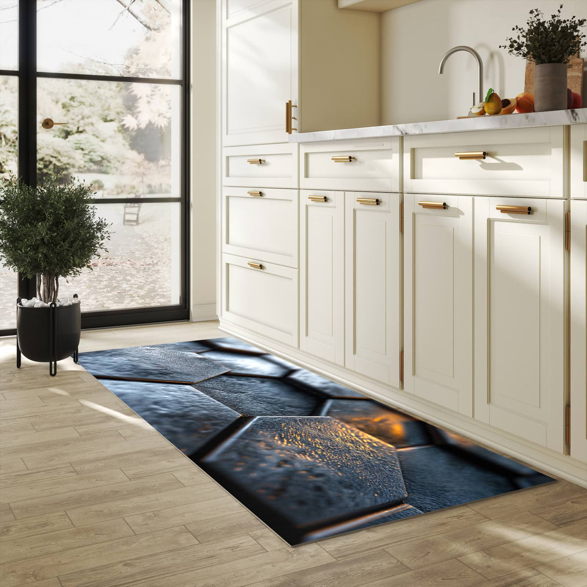 Hygienischer Küchenteppich mit Motiv Hexagon Fliesenstrukur in heller Küche - abwaschbar