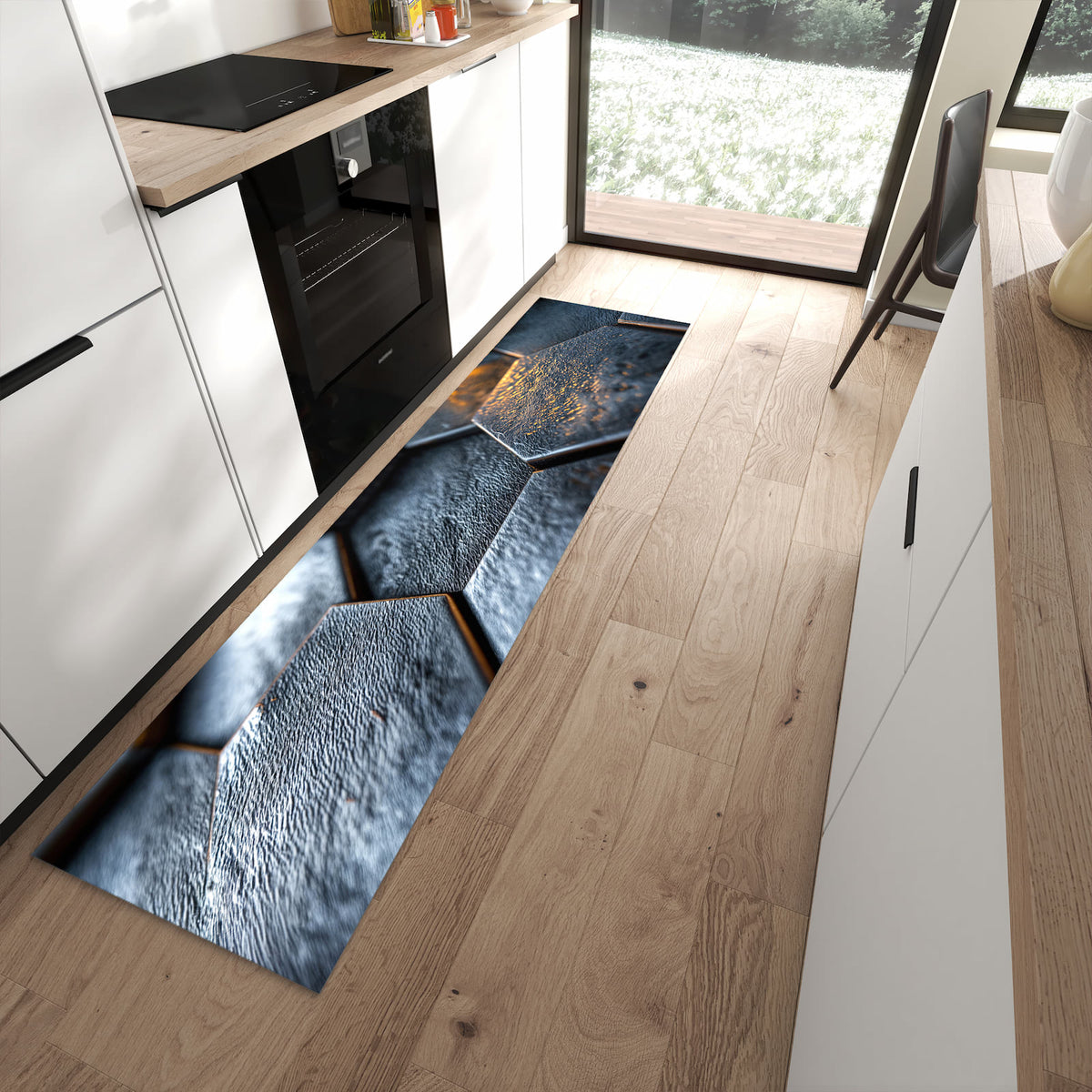 Pflegeleichter Küchenteppich mit Motiv Hexagon Fliesenstrukur in moderner Küche