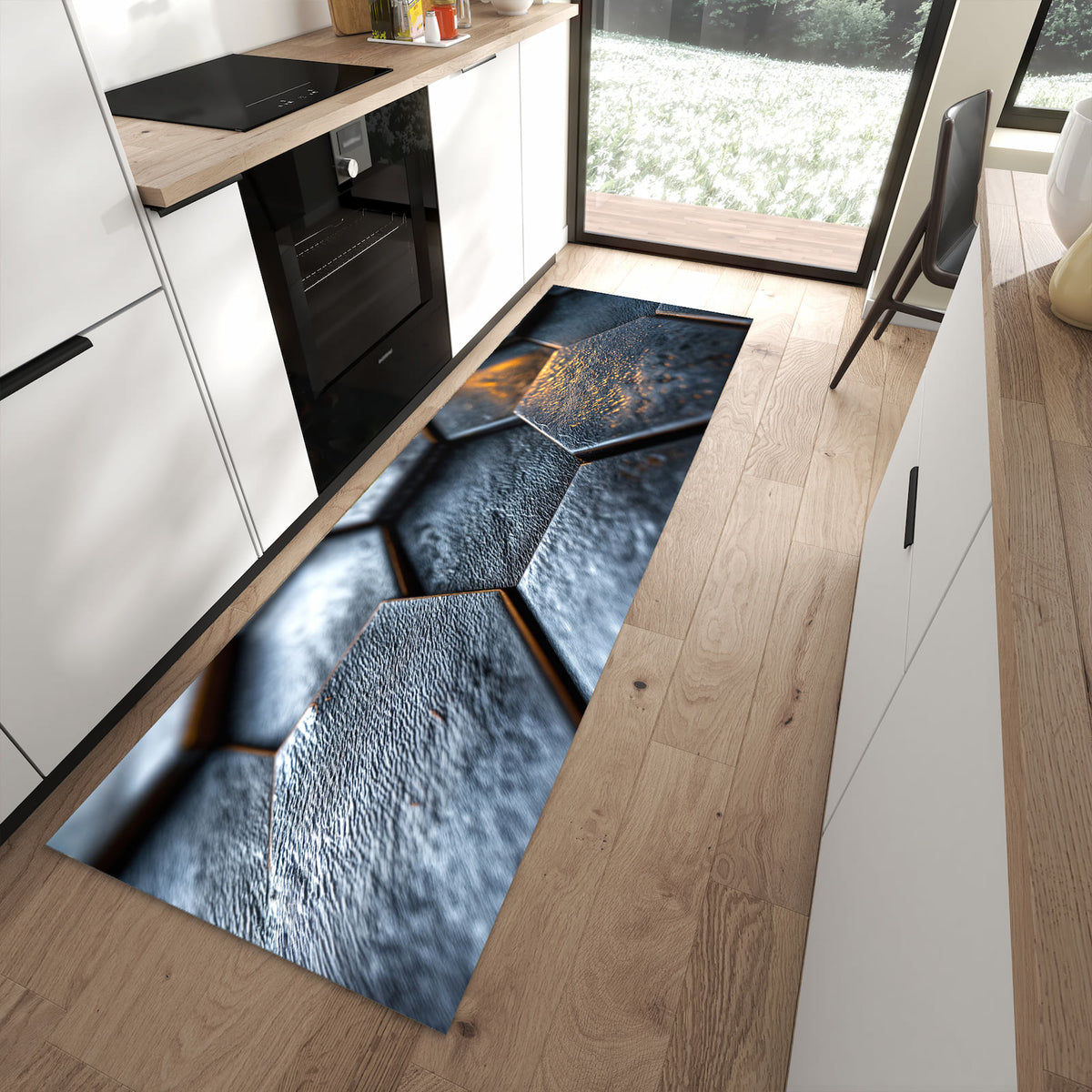 Langlebiger Küchenläufer mit Motiv Hexagon Fliesenstrukur in moderner Küche