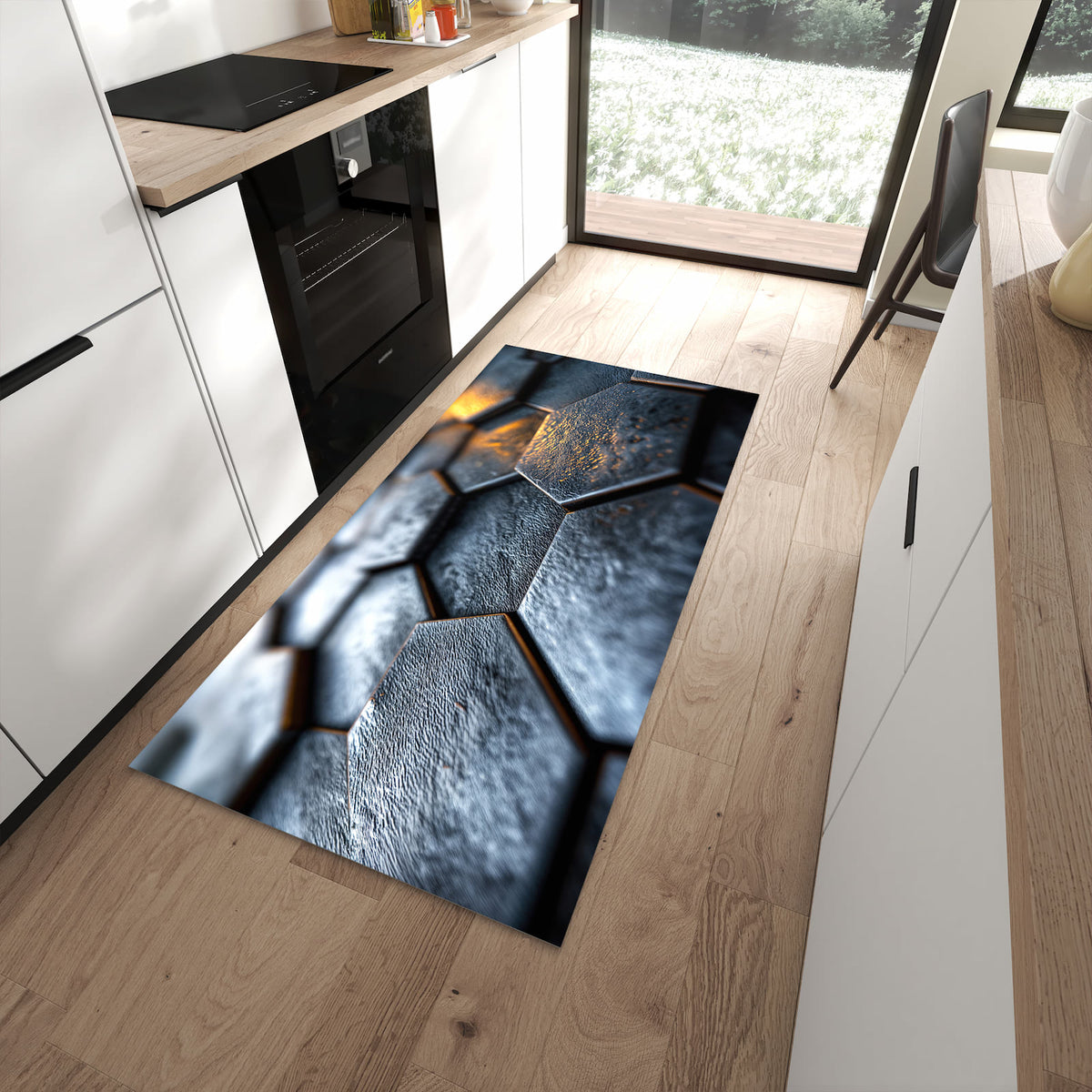 Bodenschonender Küchenteppich mit Motiv Hexagon Fliesenstrukur in moderner Küche