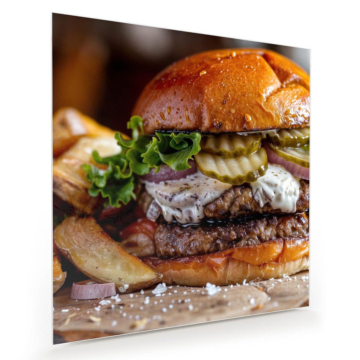 Burger mit Brioche-Bun, Salat, Gurkenscheiben, Zwiebeln und Soße, daneben Kartoffelspalten
