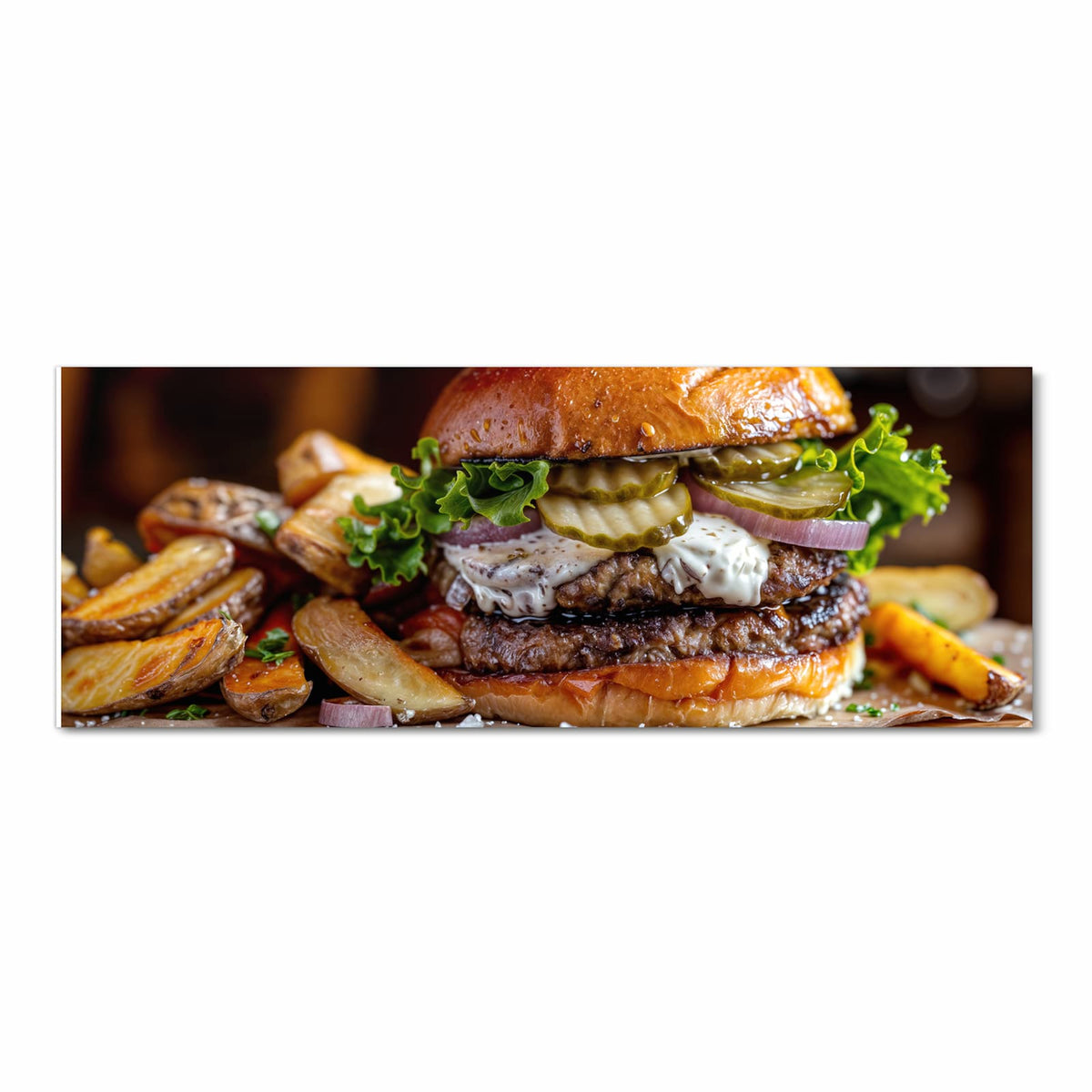 Strapazierfähiger moderner Küchenläufer mit Motiv Burger mit Pommes in Frontansicht