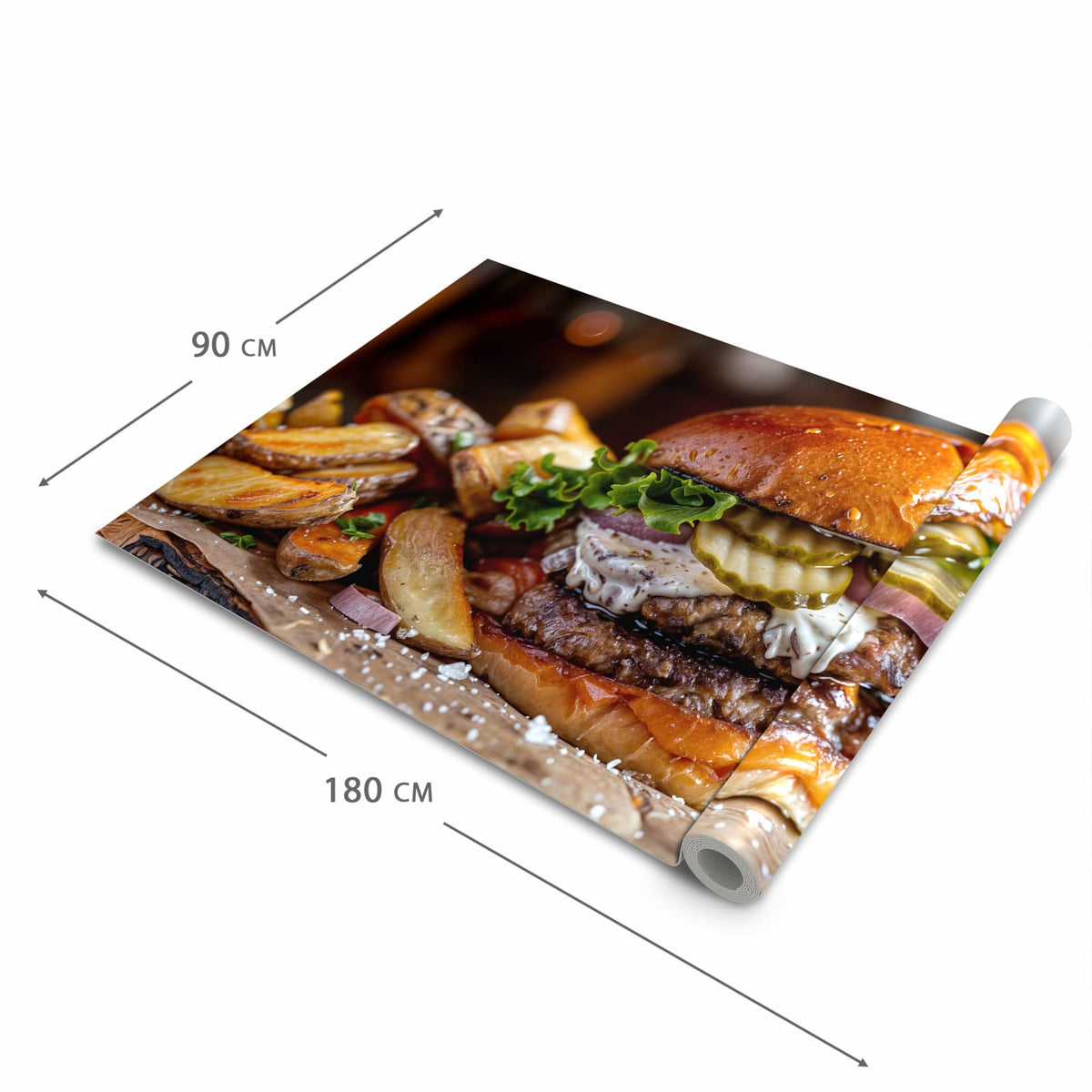 Bodenschonender Küchenteppich mit Motiv Burger mit Pommes in der Grösse 80x280 cm