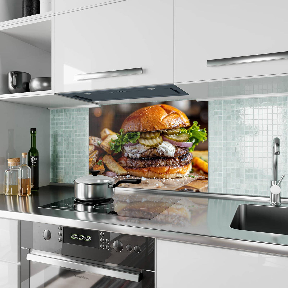 Küchenrückwand aus Glas Burger mit Kartoffeln im Hochformat als Spritzschutz hinter dem Kochfeld, über dem Fliesenspiegel montiert
