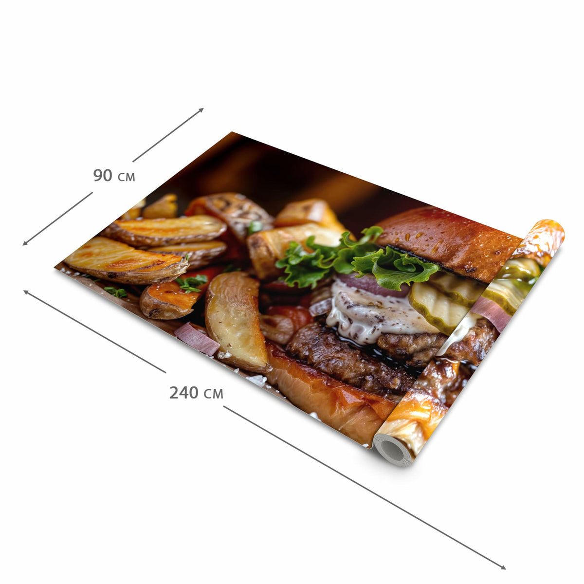 Farbbeständiger Läufer für die Küche mit Motiv Burger mit Pommes in der Grösse 80x280 cm