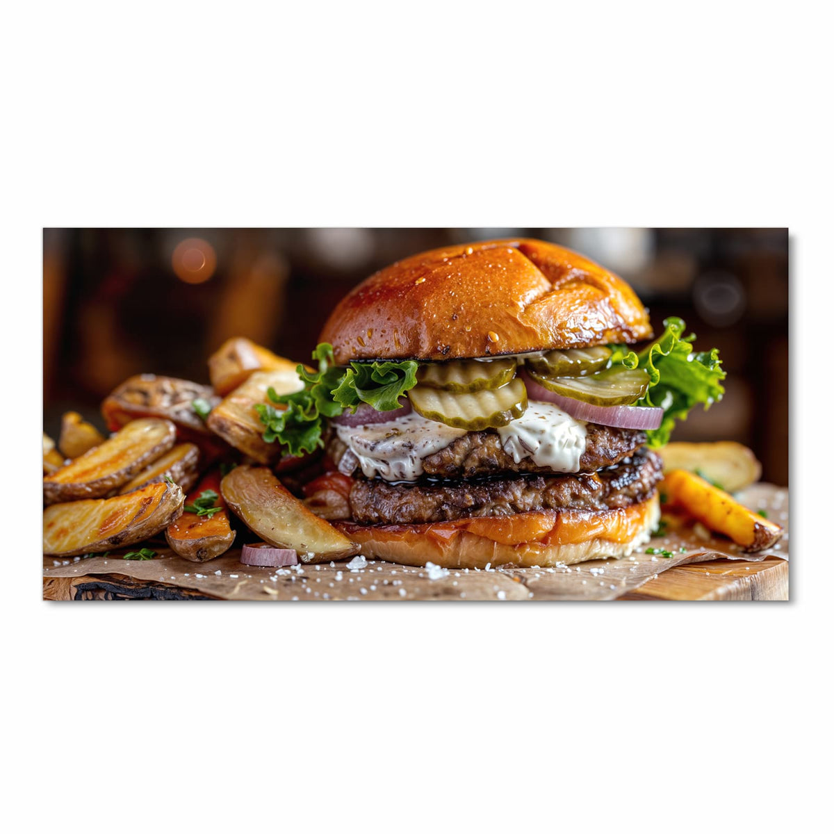 Schmutzabweisender rutschfester Küchenteppich mit Motiv Burger mit Pommes in Frontansicht