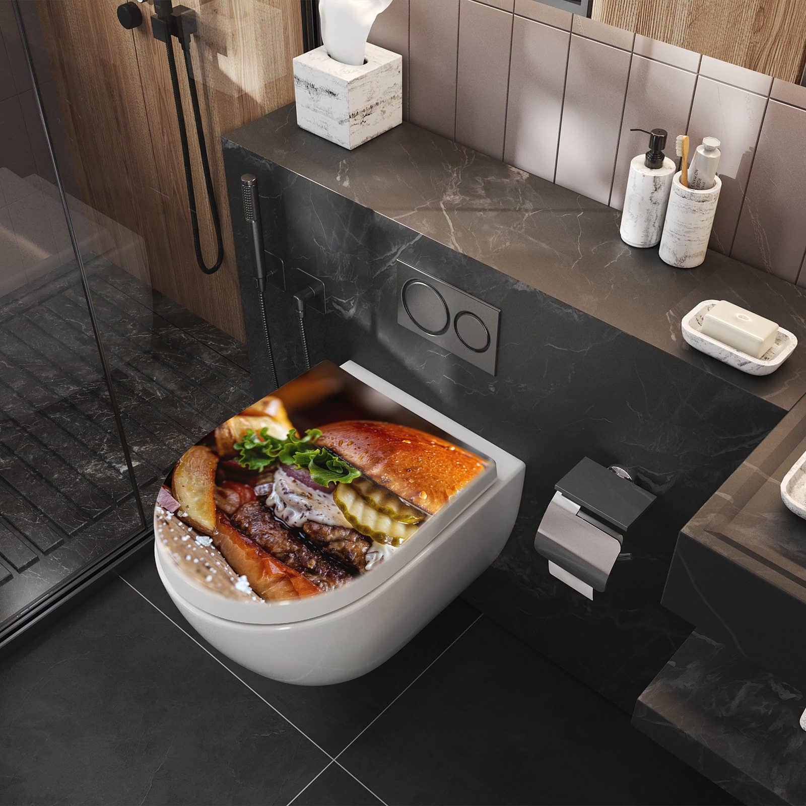 WC-Sitz mit Absenkautomatik Burger mit Pommes