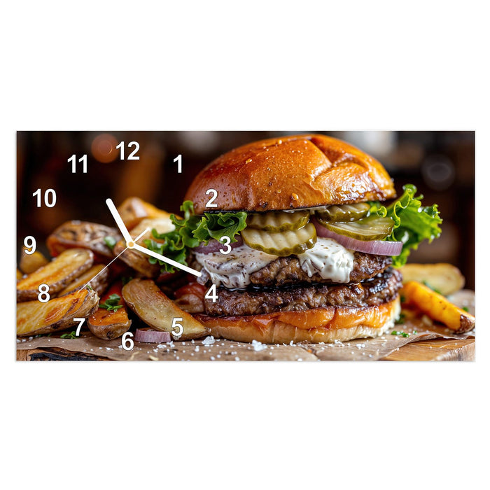 Wanduhr Burger mit Pommes aus Glas – Querformat 60 × 30 cm mit Ziffernblatt Modern