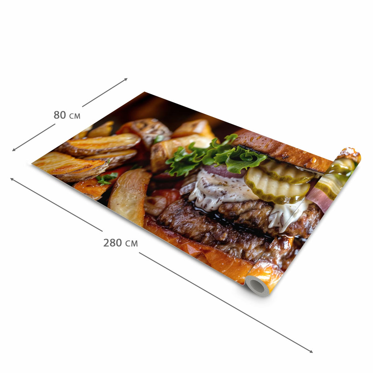 Bodenschonender Küchenteppich mit Motiv Burger mit Pommes in der Grösse 80x280 cm