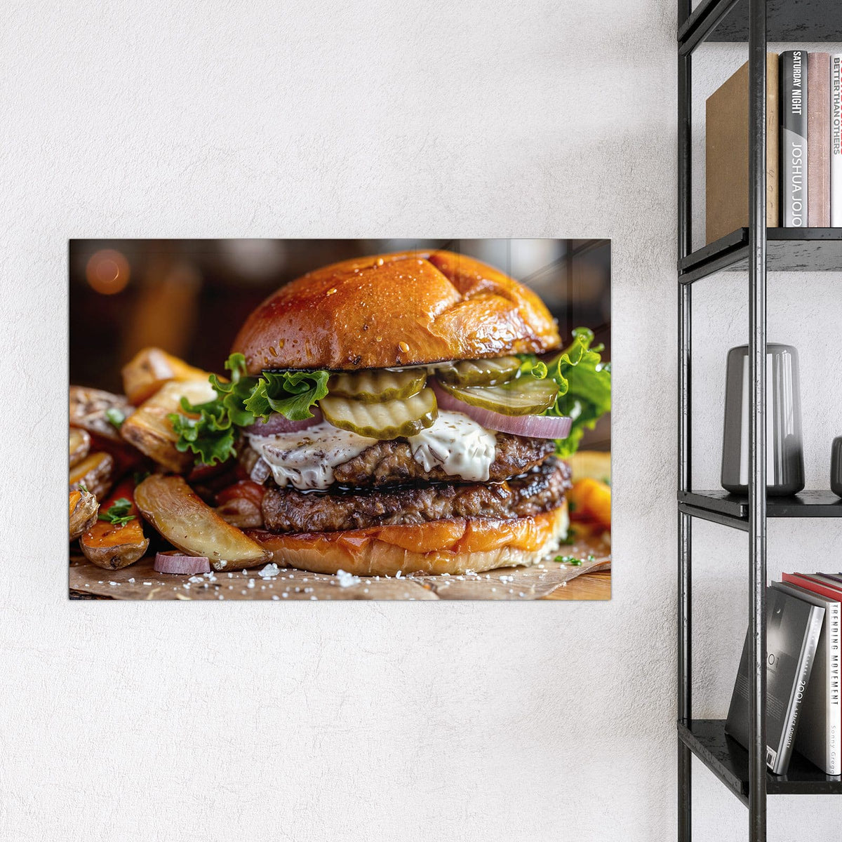 Magnettafel - Burger mit Kartoffeln – Saftiger Burger mit Kartoffelspalten